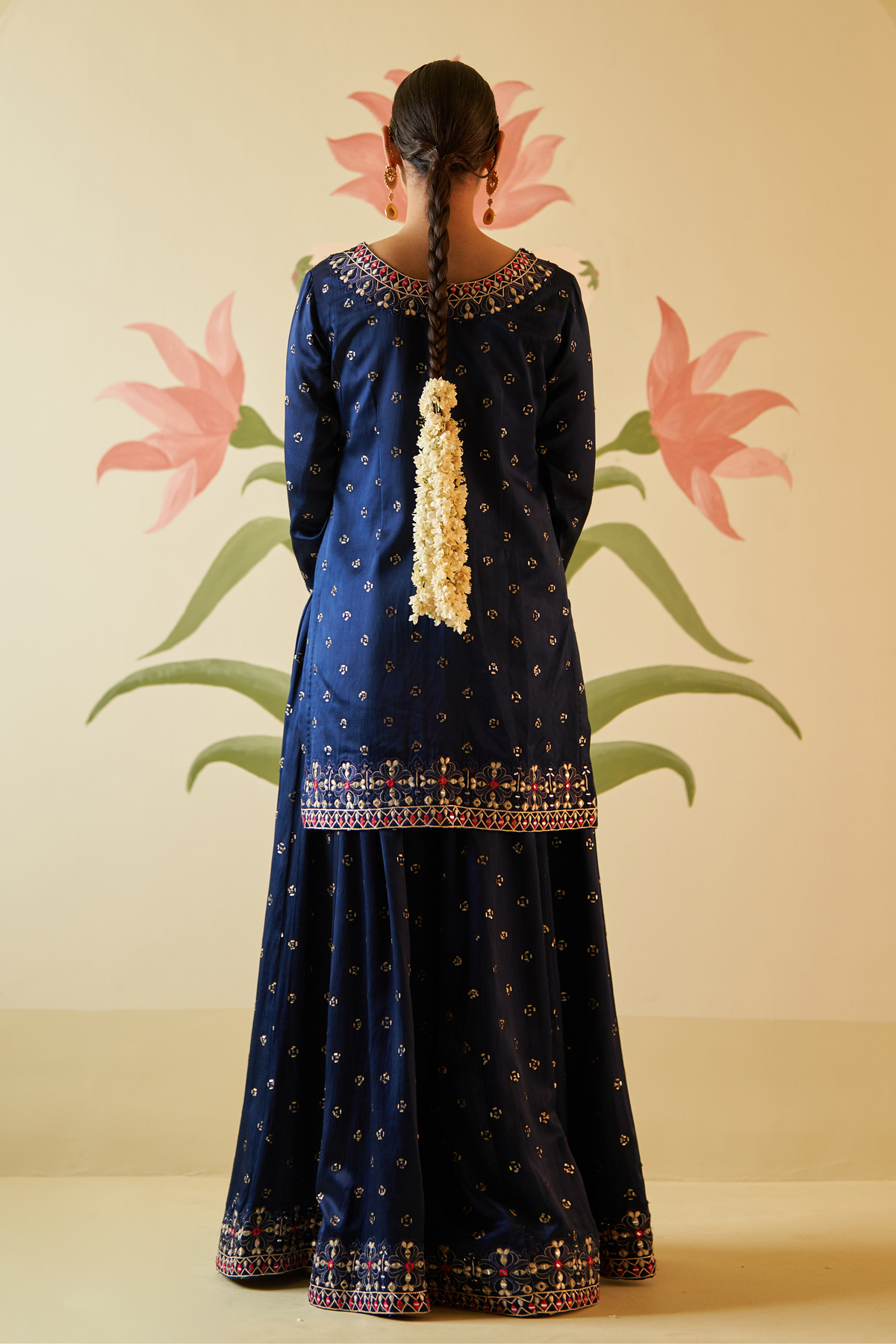 Mid Night Blue Satin Silk Sharara Set