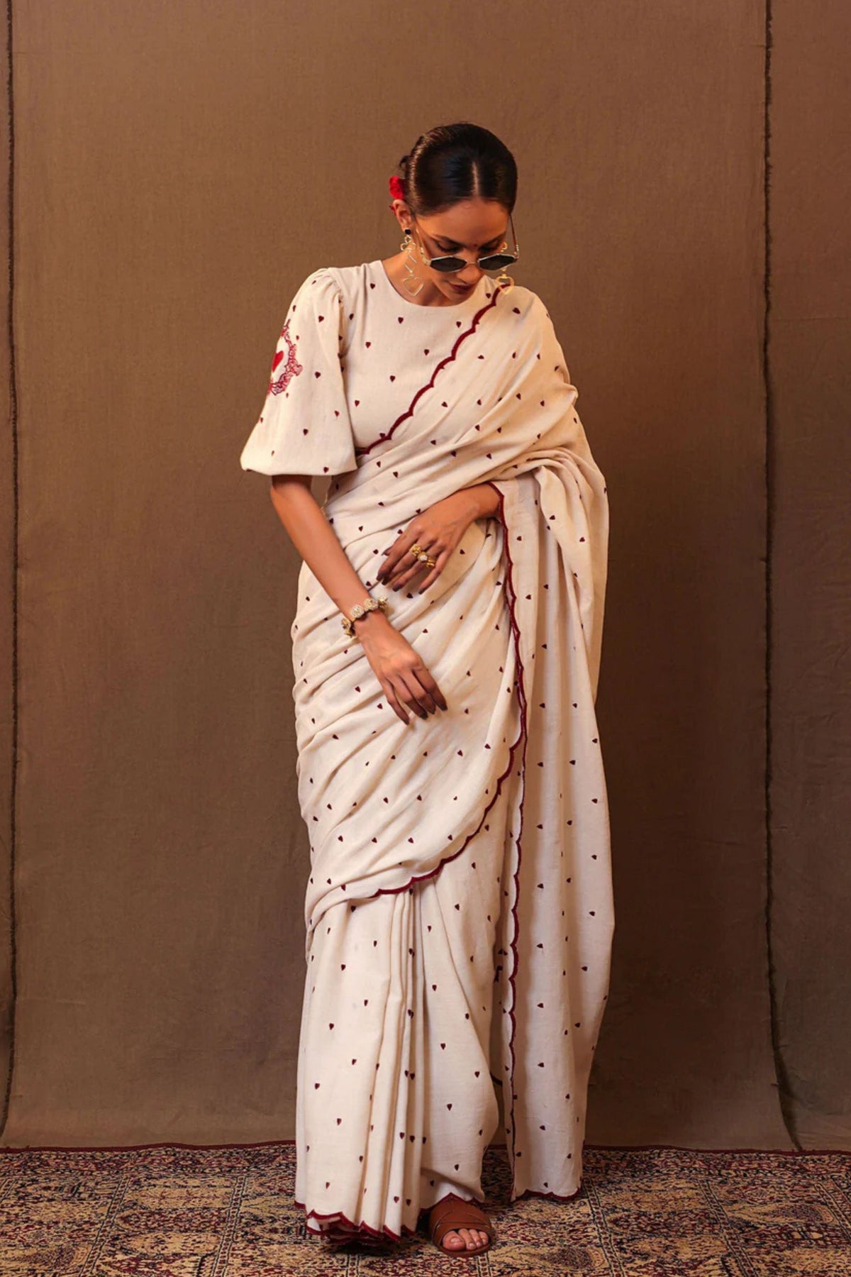 Off White Heart Embroidered Saree