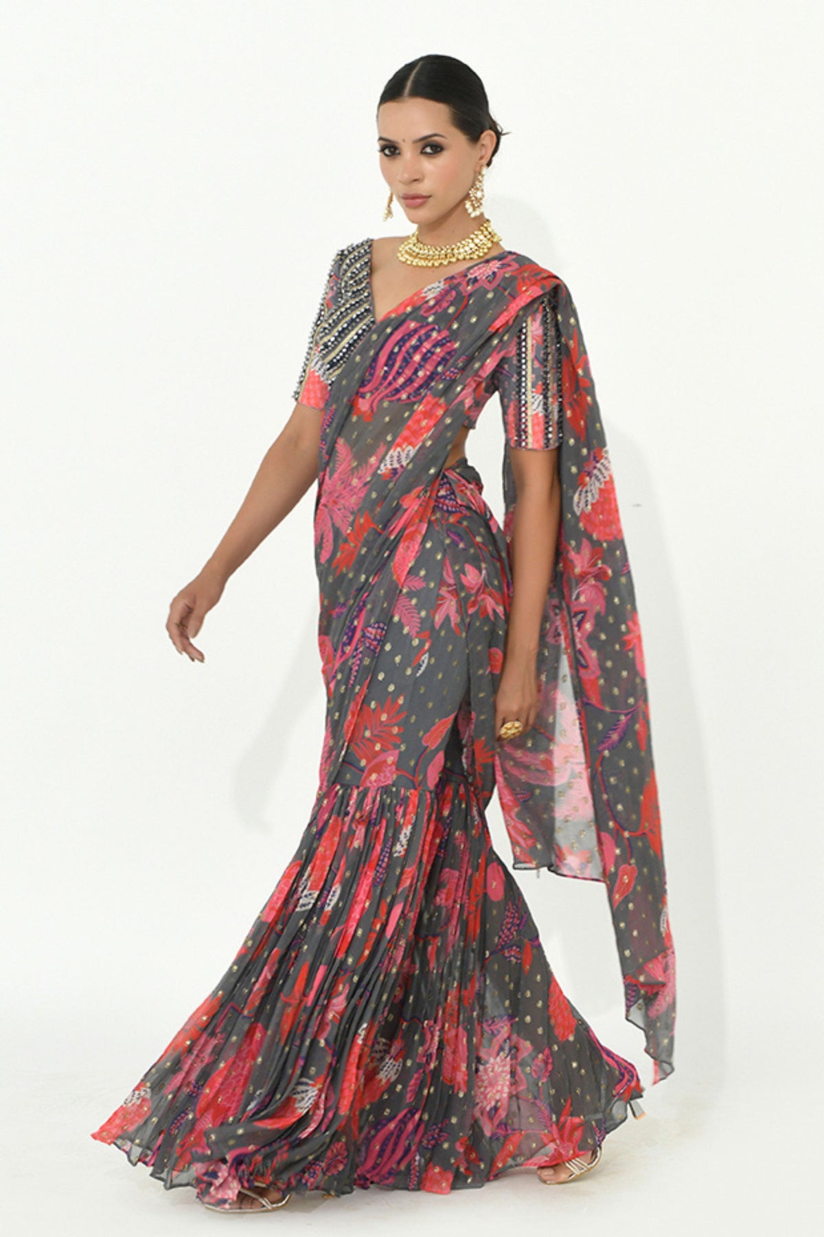 Steel Fossil Draped Saree Set