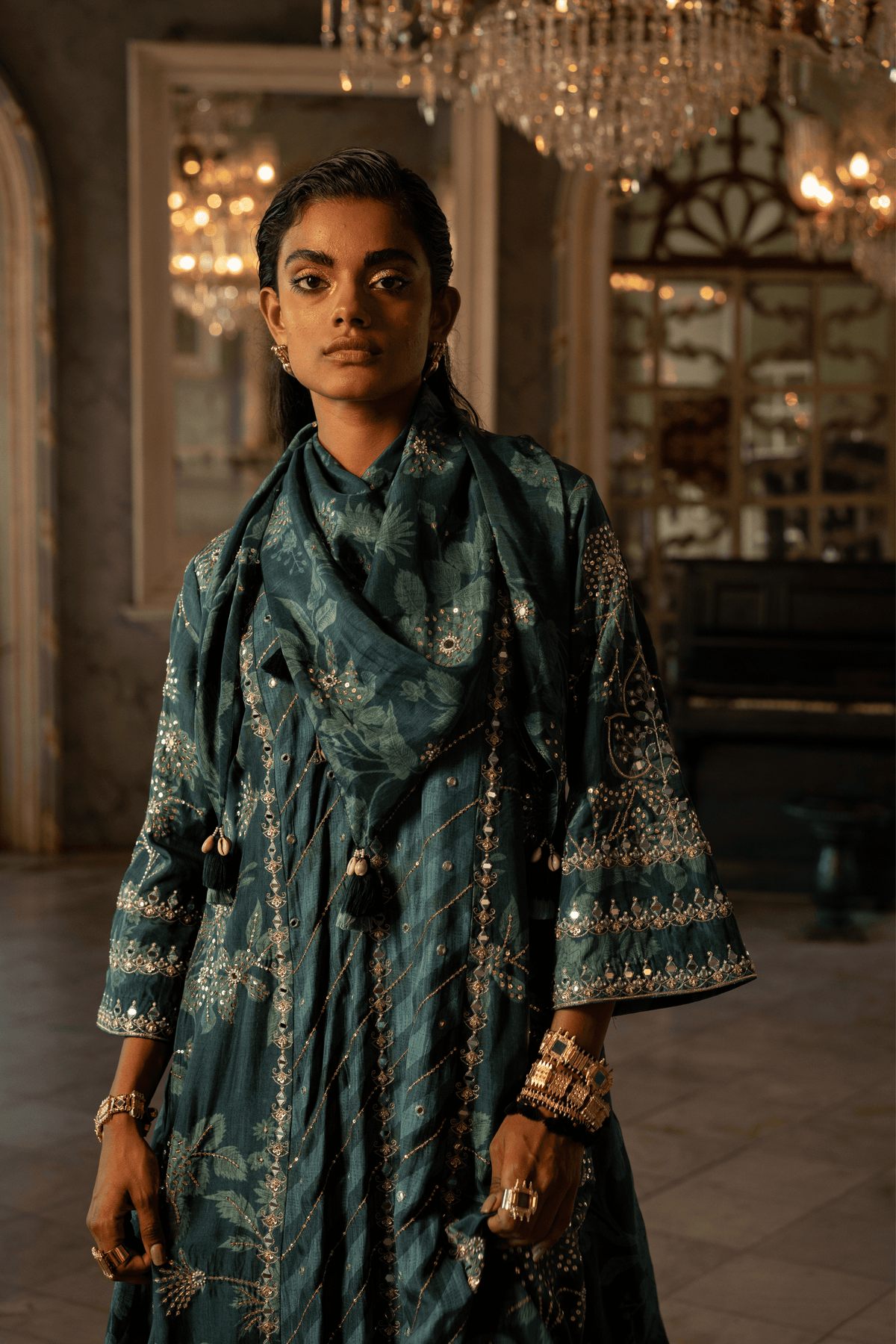 Teal Blue Floral Kurta Set