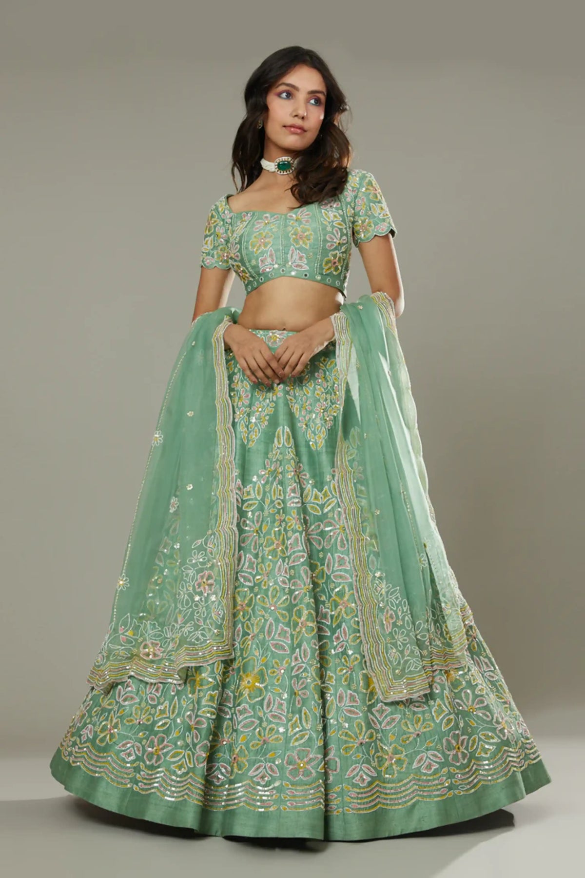 Green Apple Raw Silk Lehenga Set