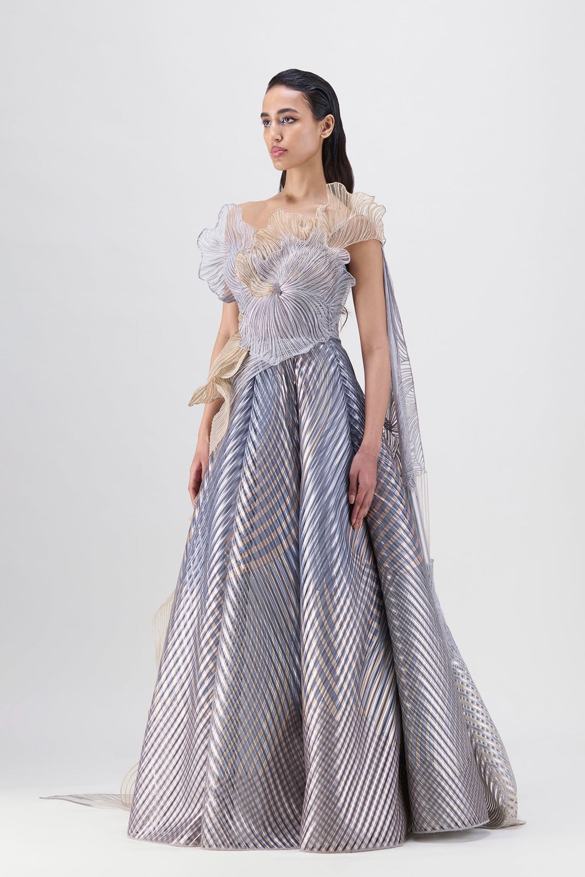 Sand Corded Coral Flared Gown