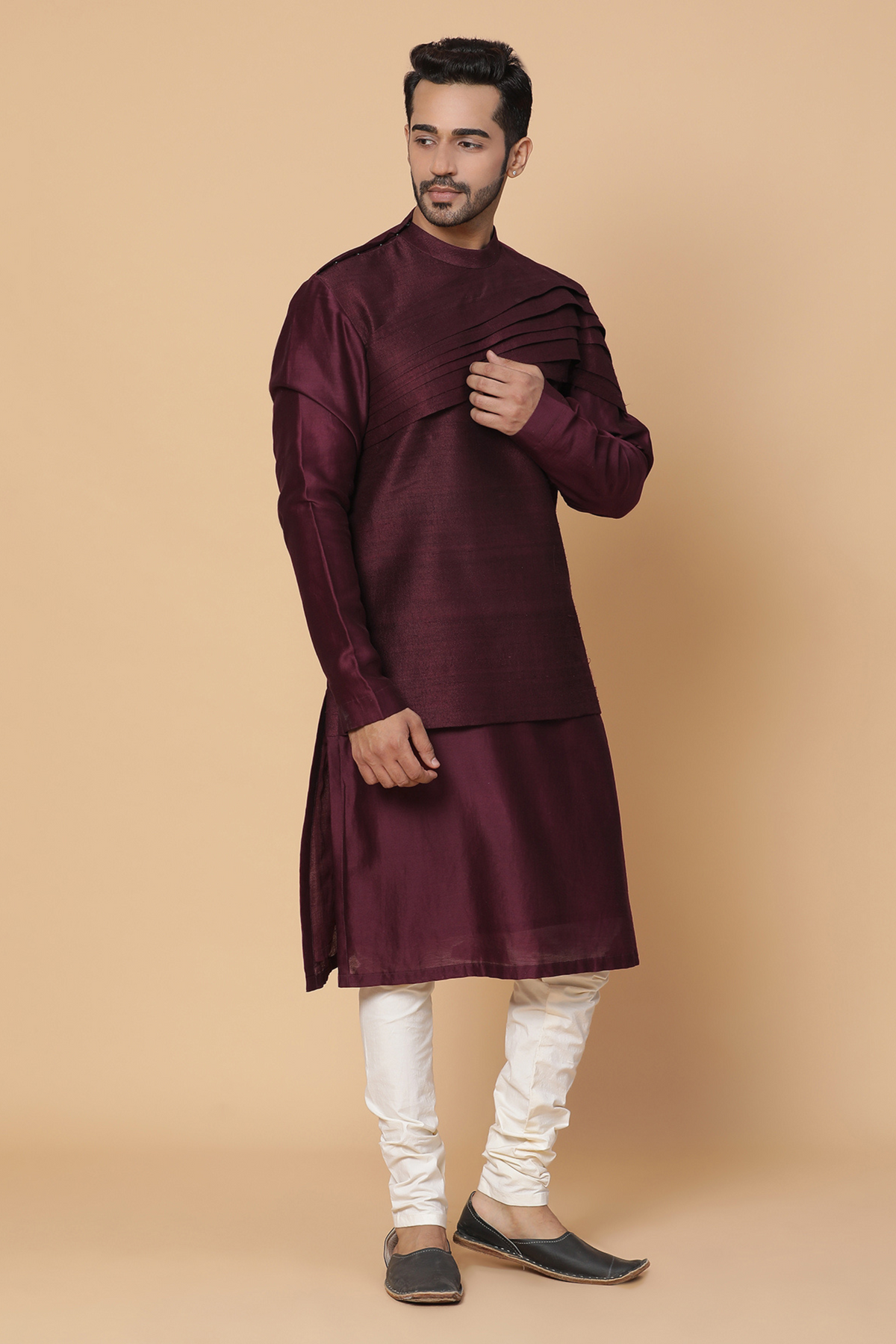 Maroon silk shoulder pleated kurta set