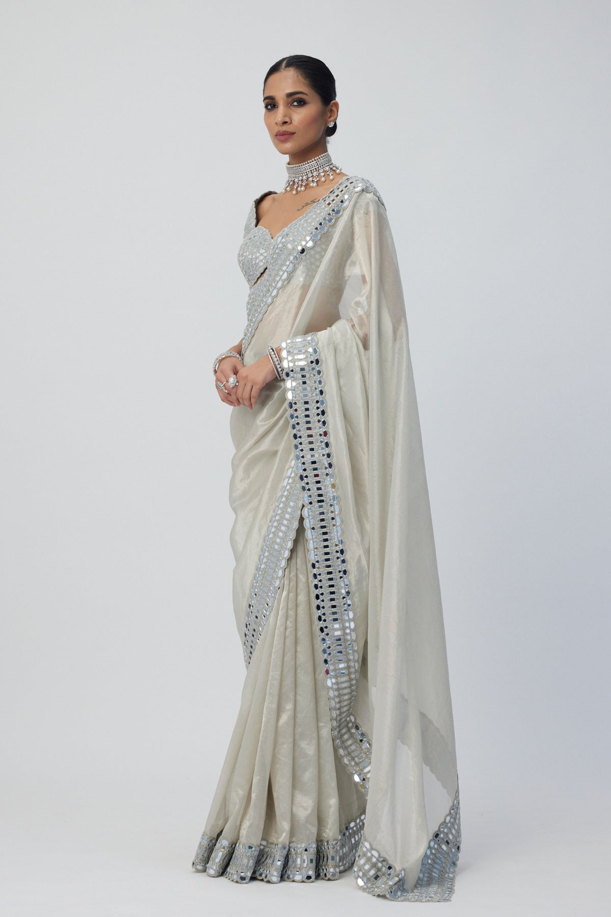 Silver Shimmer Organza Saree Set