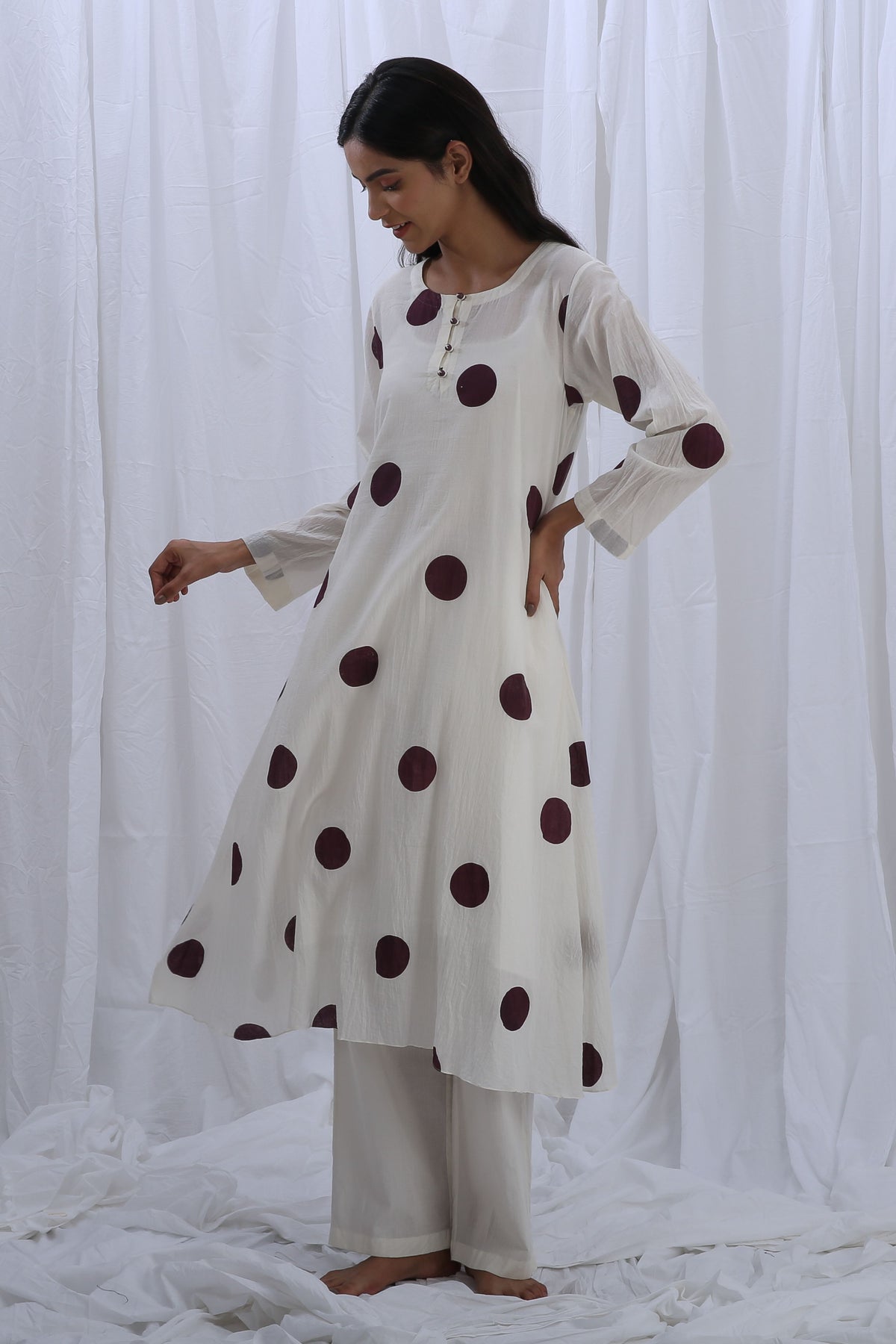 Berry Polka Round Neck Kurta Set