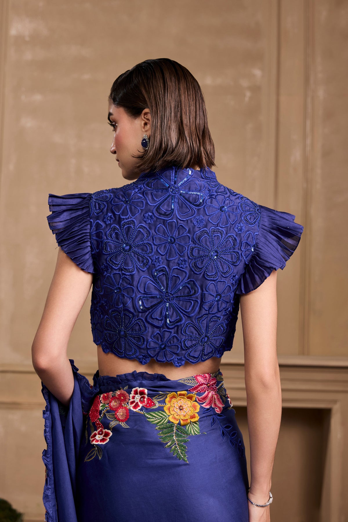 Cobalt Blue Floral Embroidered Saree