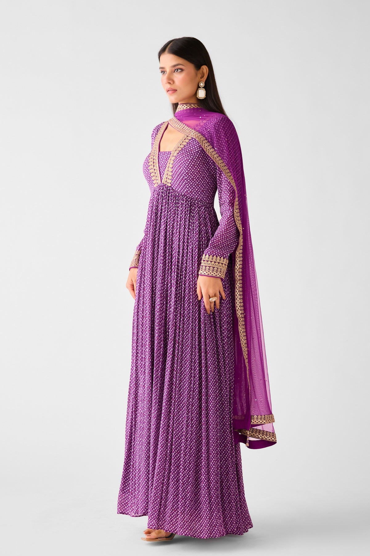 Purple Chinon Zari Work Anarkali Set