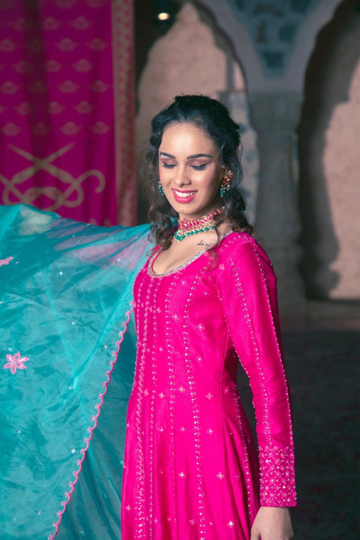 Hot Pink Embroidered Anarkali Set