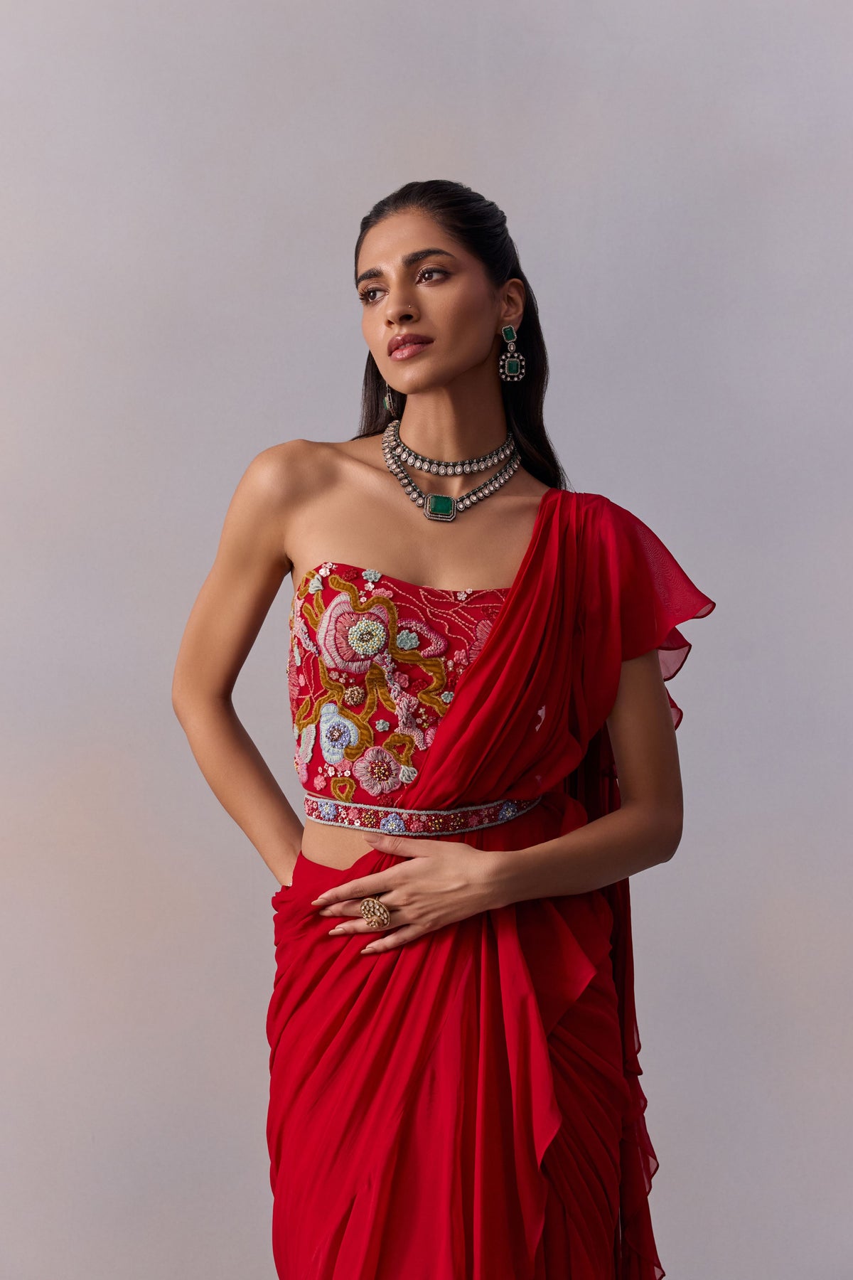 Red Jiah Pre-draped Saree Set