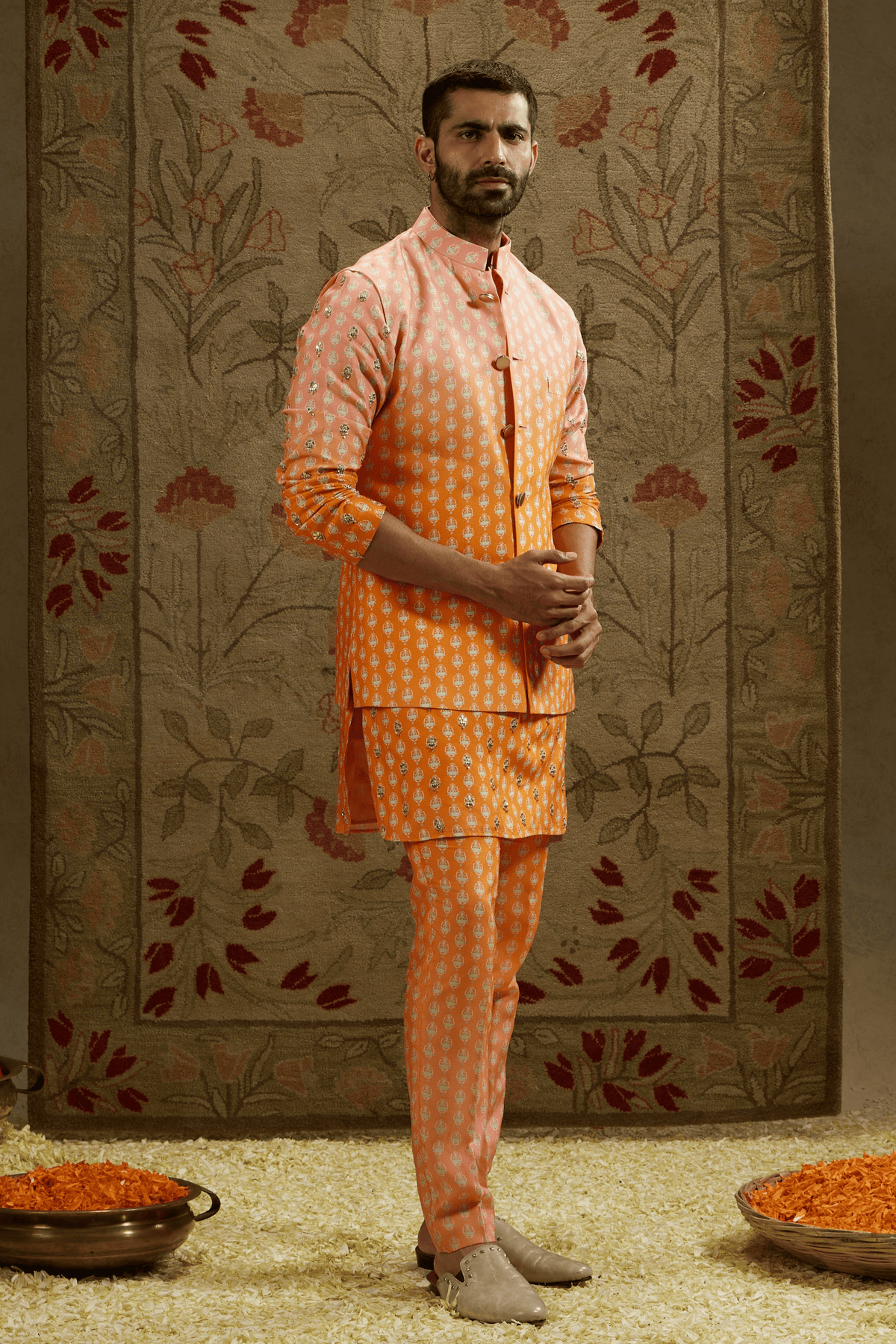 Orange Pink Ombre Printed Bundi