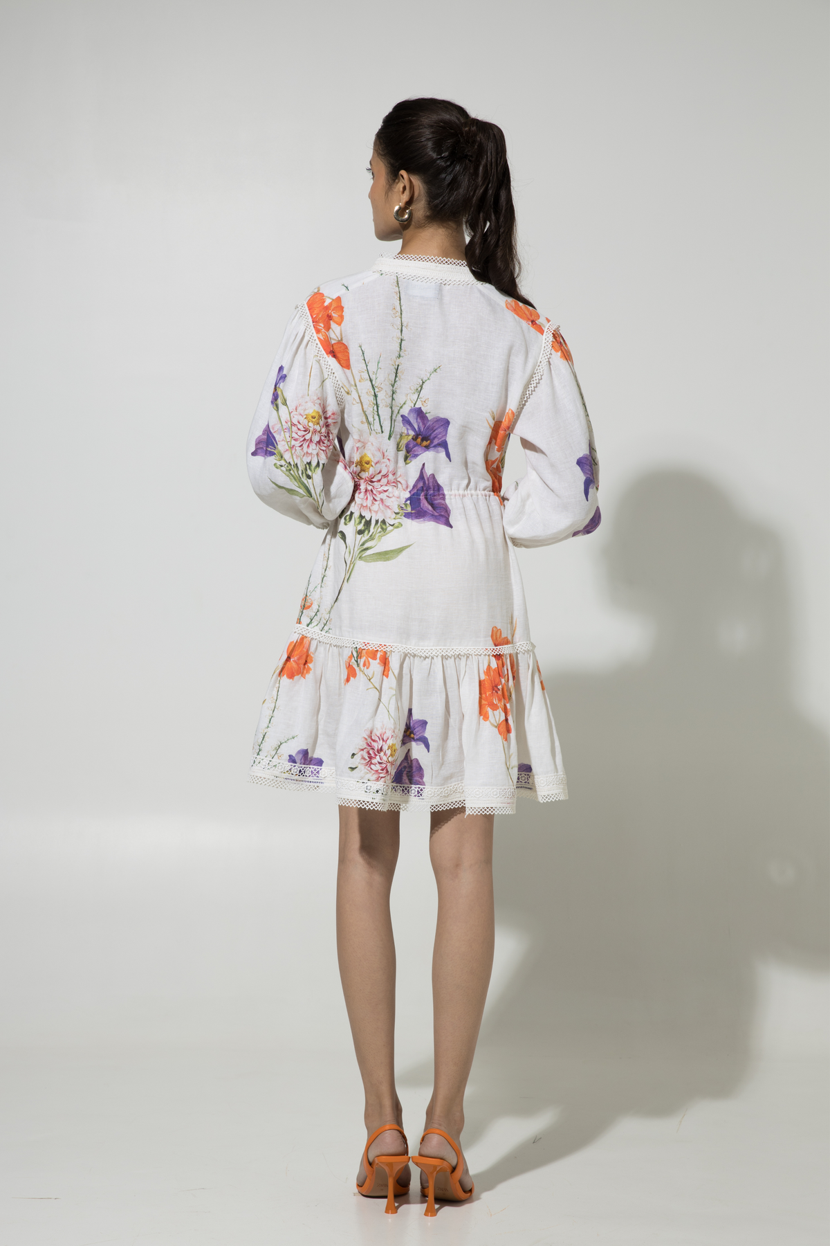 White Iris Print Drawstring Linen Dress