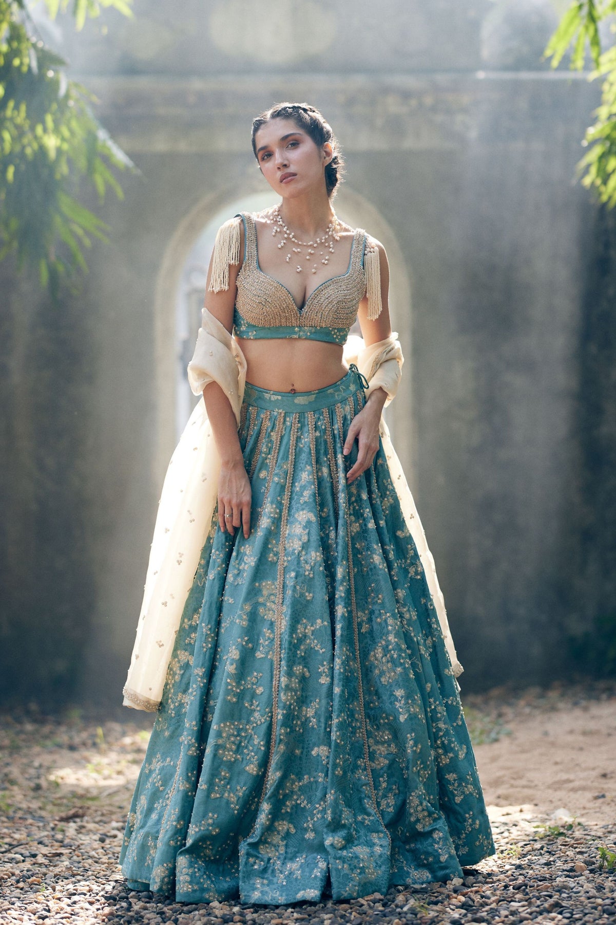 Ice Blue Self Woven Jacquard Lehenga Set