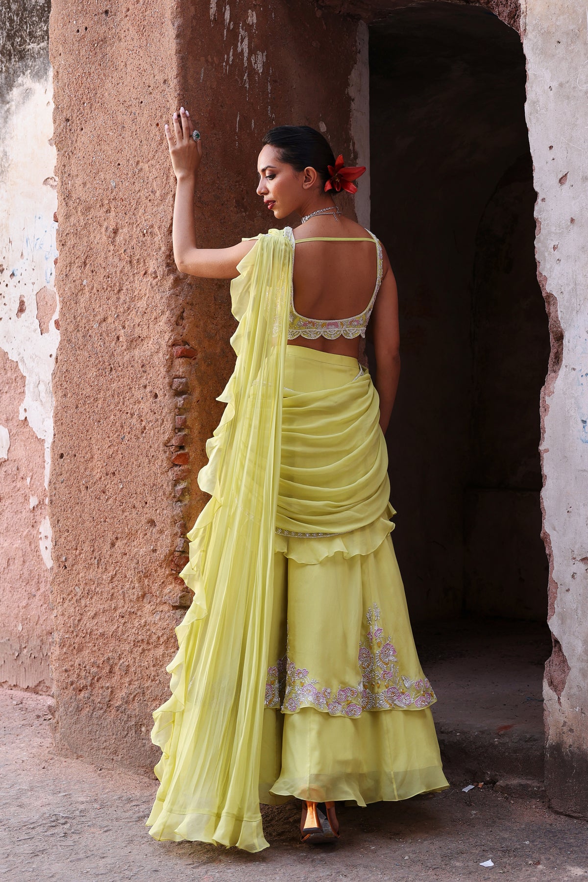 Jinal Lehenga Saree in Neon Green