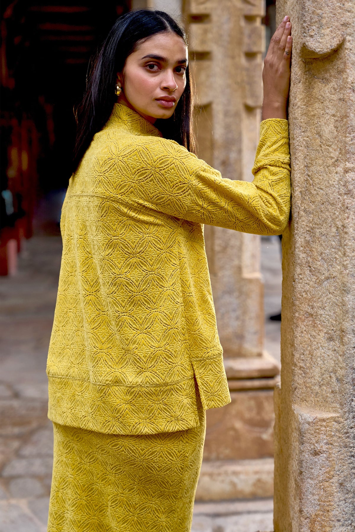 Yellow Knitted Lace Midi Skirt