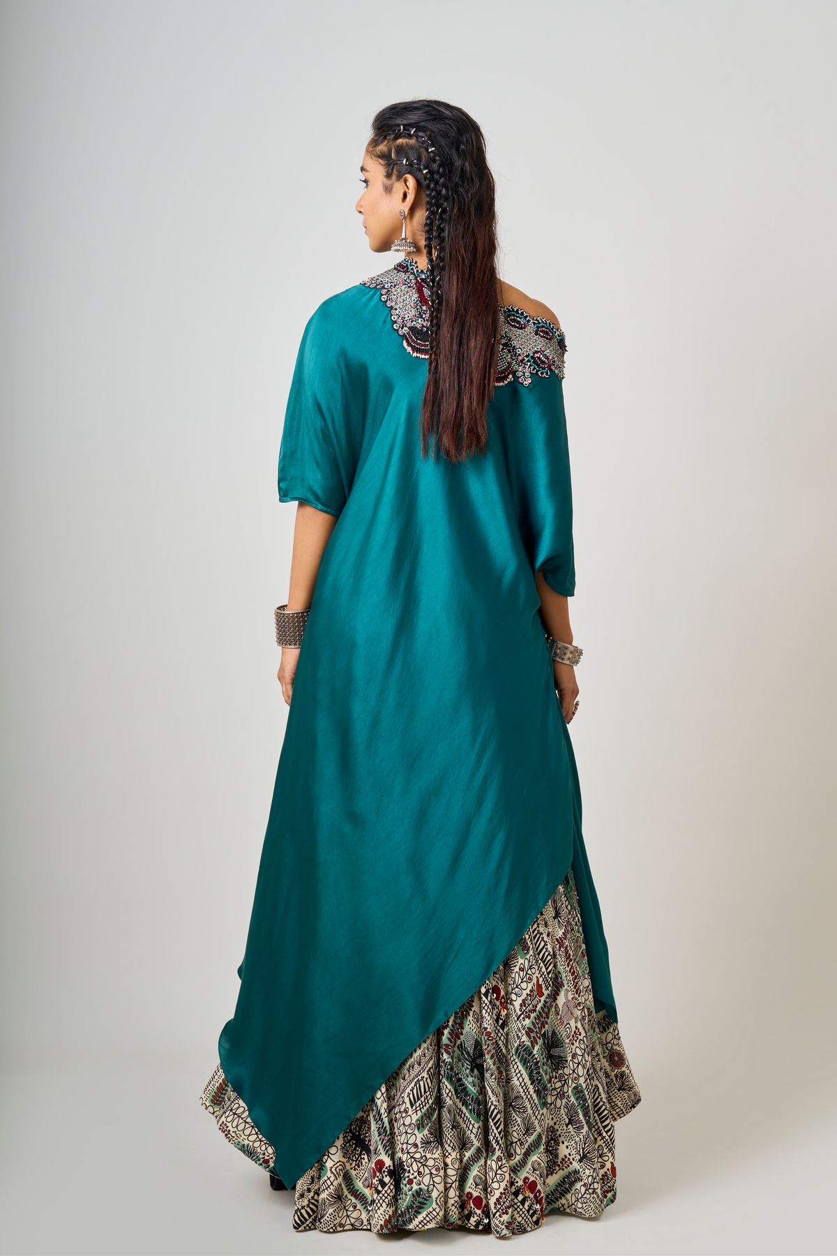 Teal Off-shoulder Top With Lehenga