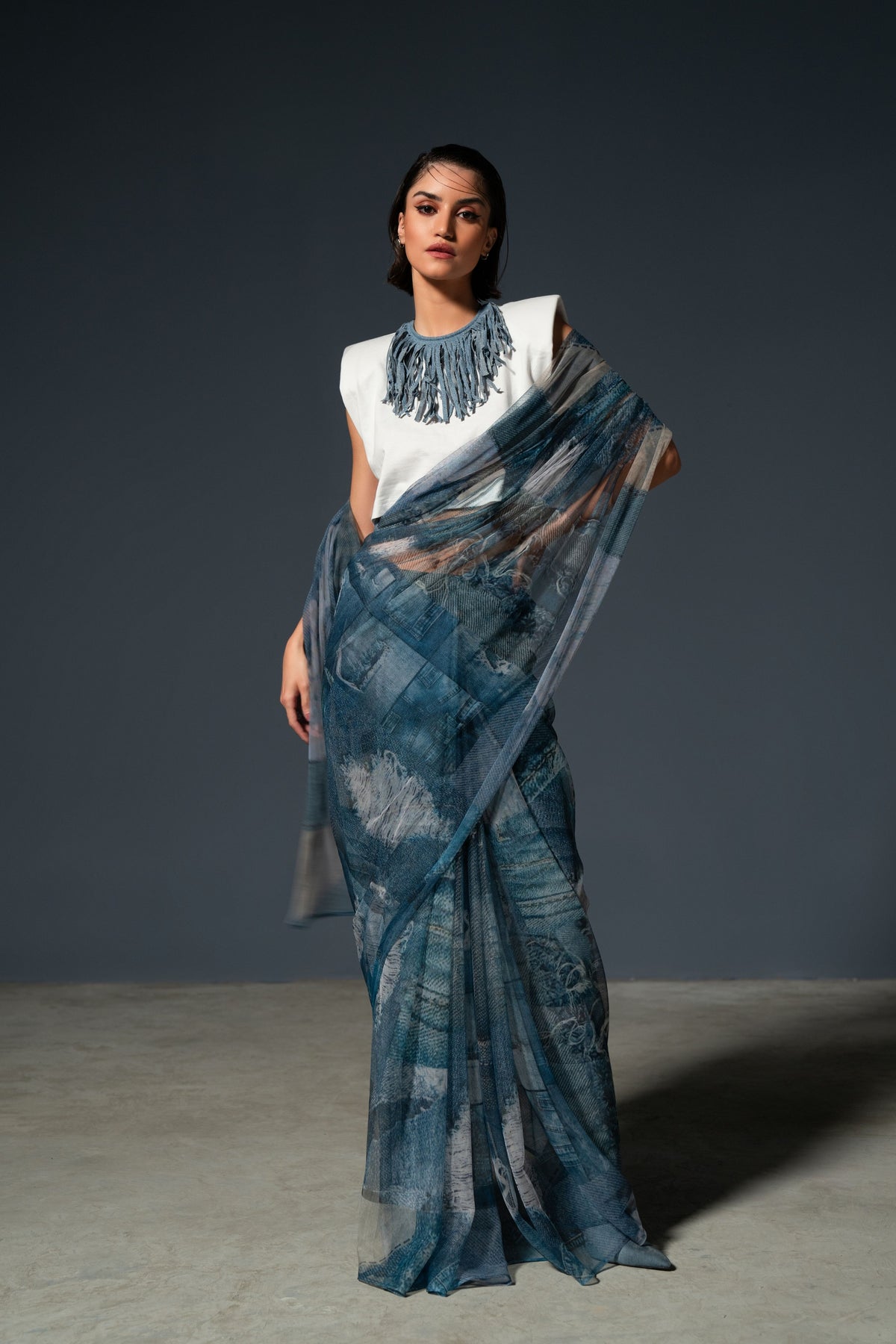 Blue Denim Print Saree