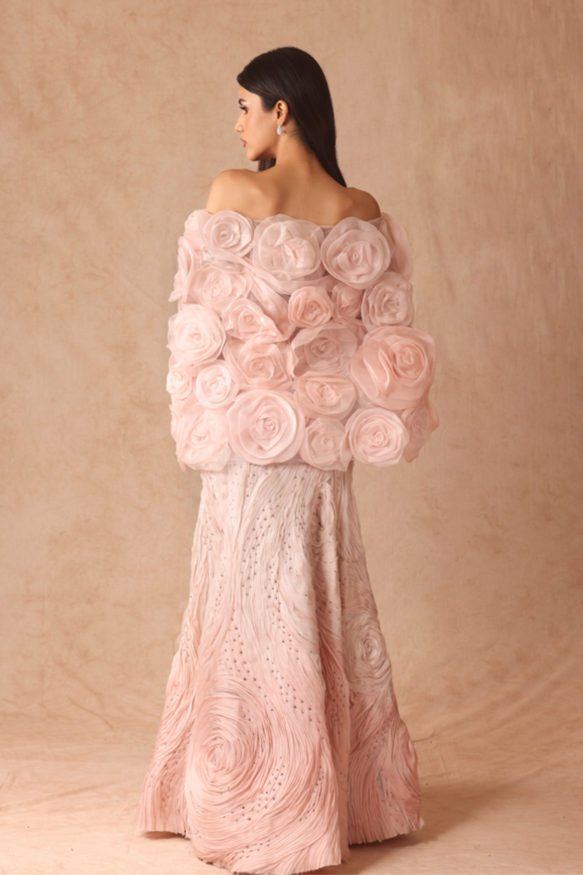 Ombre Textured Gown With 3d Flower Cape