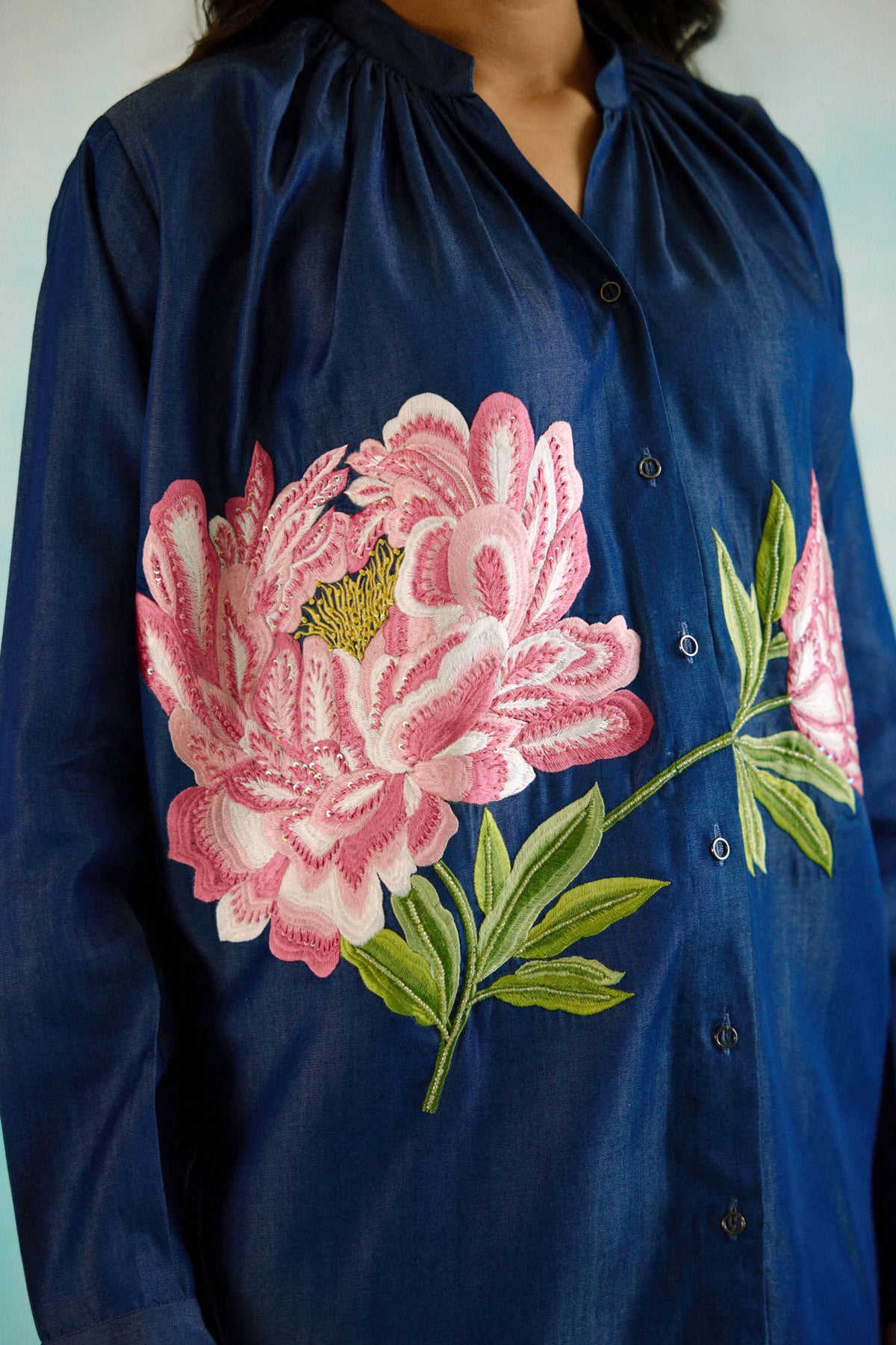 Denim Peony Gathered Embroidered Shirt