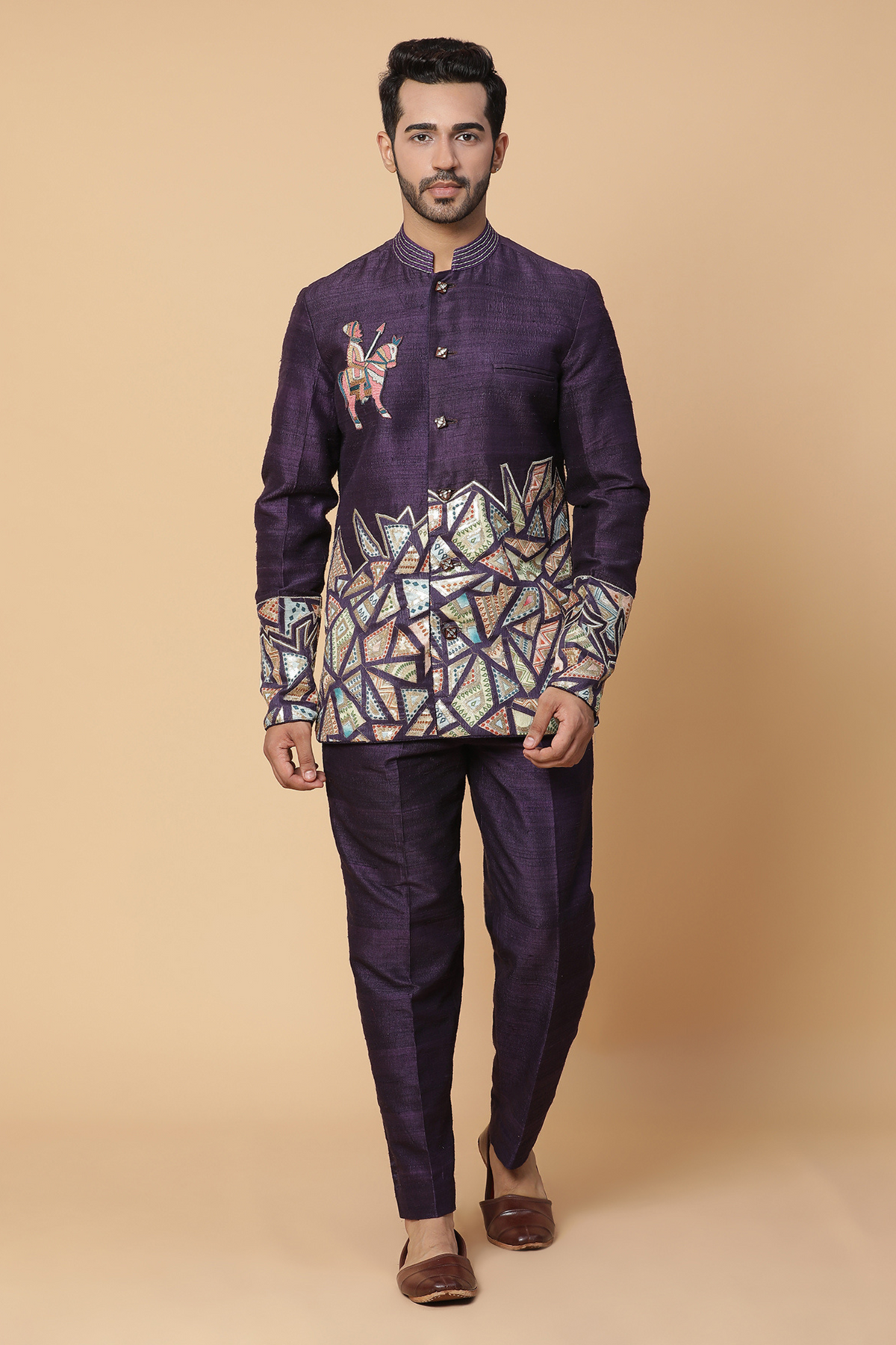 Purple embroidery bandhgala jacket set