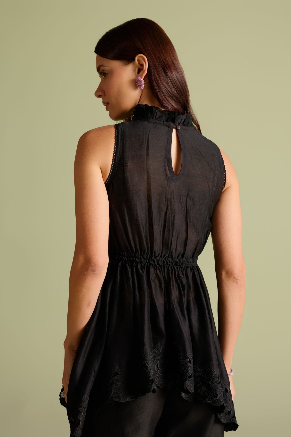 Black Ruched Cutwork Peplum Top