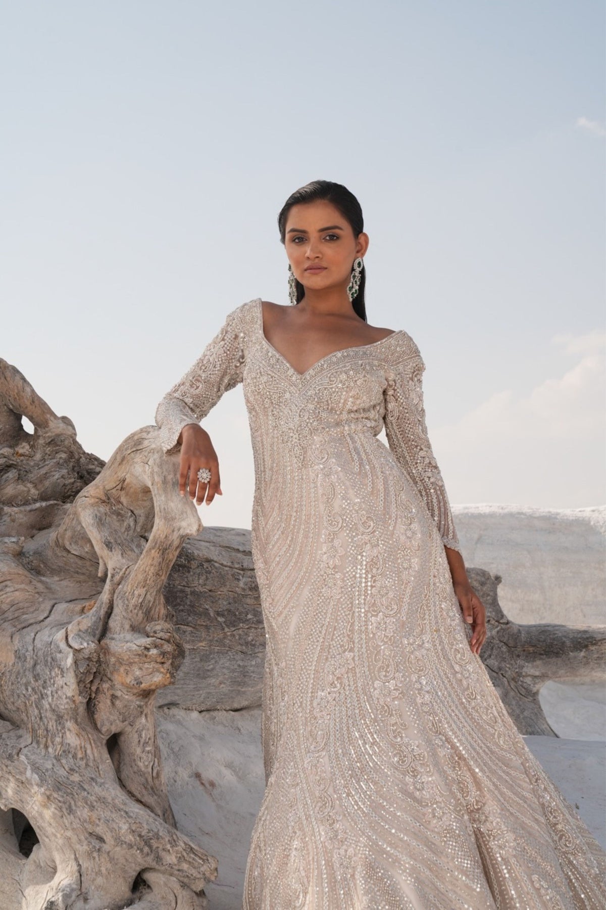 Ivory Fish Cut Embellished Gown