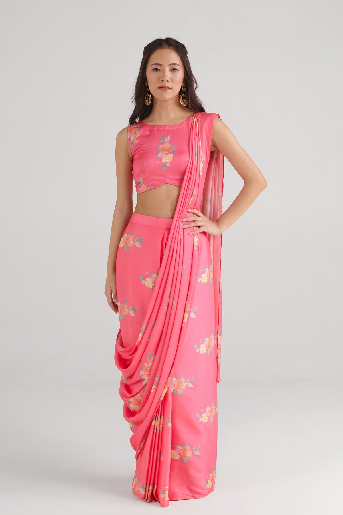 Hot Pink Saree Skirt Set