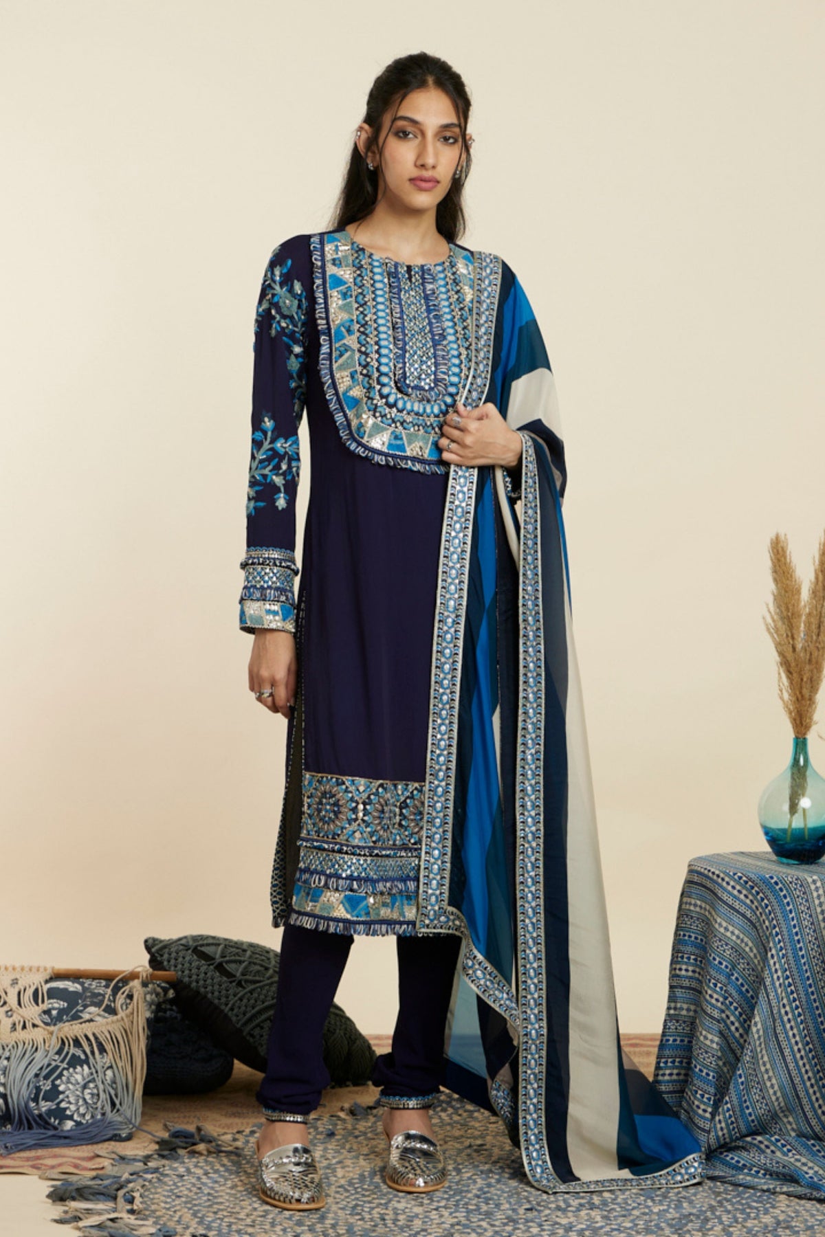 Blue Embellished Yoke Kurta Set