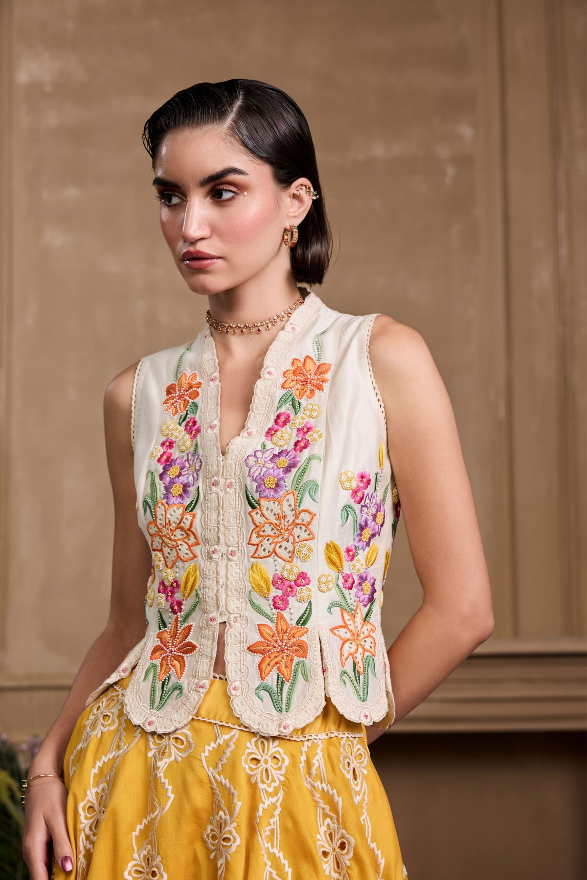 Ivory Floral Embroidered Panelled Waistcoat