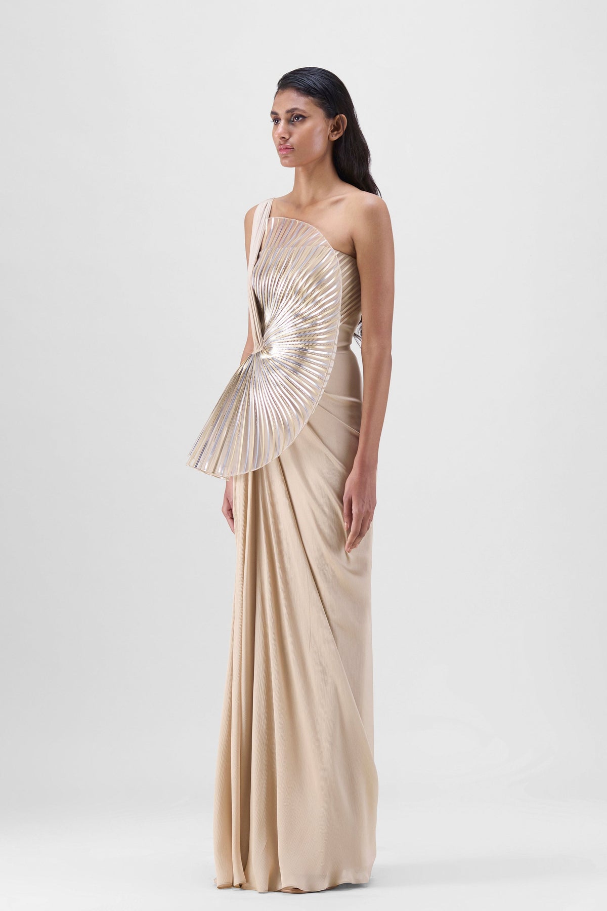 Sun Ray Draped Gown in Sand