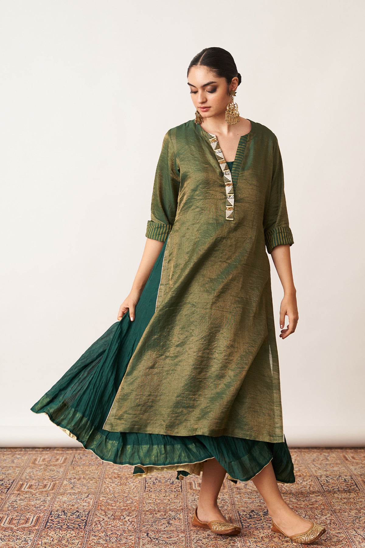 Bottle Green Kurta With Skirt