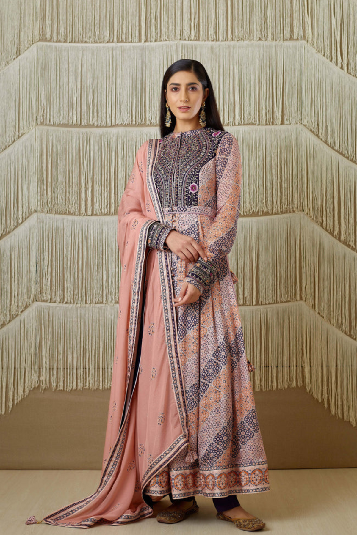 Pink and navy blue anarkali set