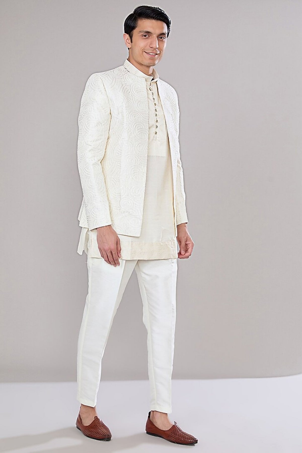 Off White Embroidered Short-jacket Set