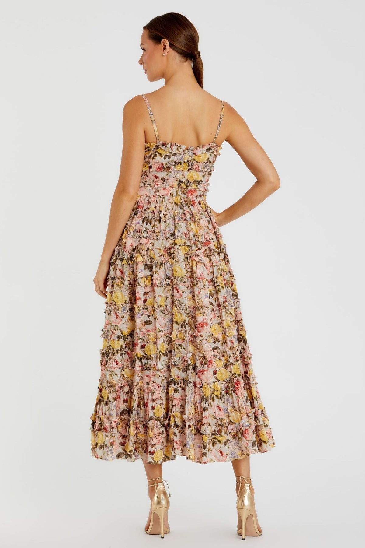 Beige Floral Print Ruffle Dress