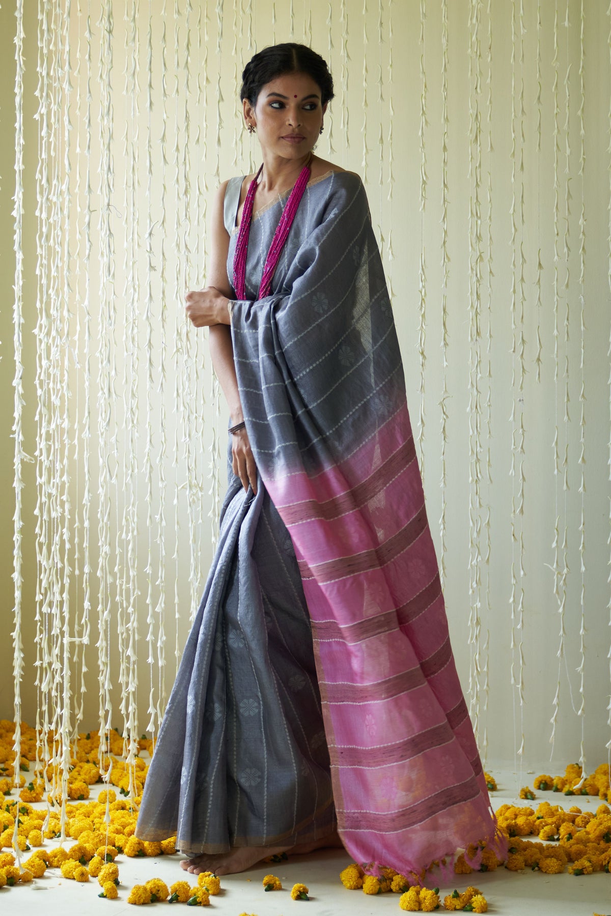 Zeenat Grey &amp; Pink Saree