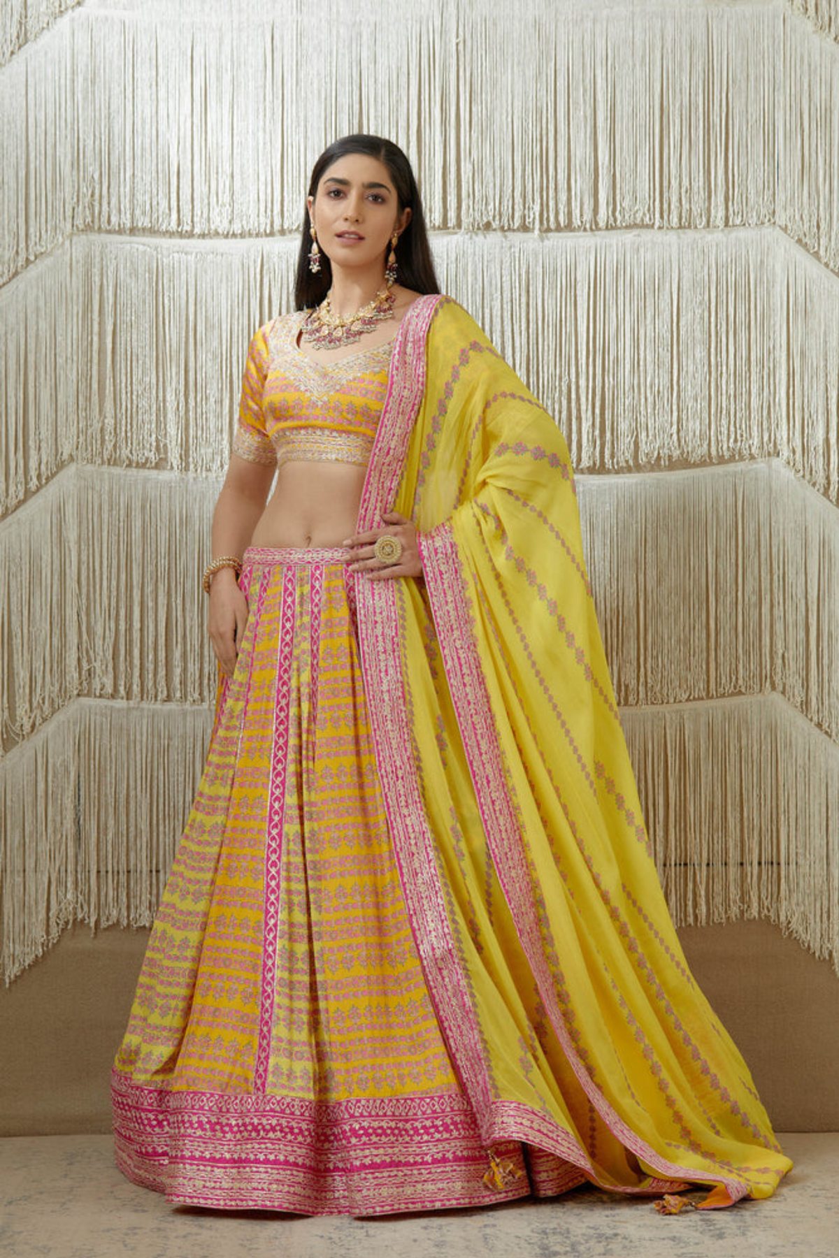 Mustard Gota embroidered printed lehenga