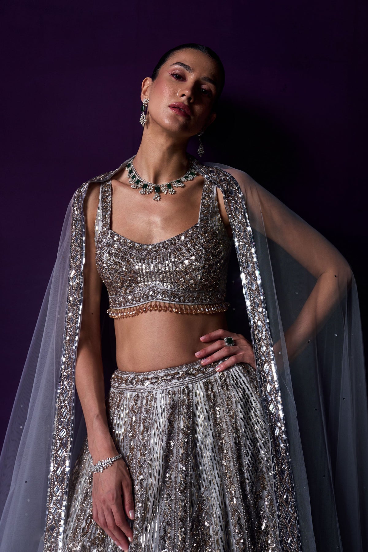 Grey Organza Embroired Lehenga Set