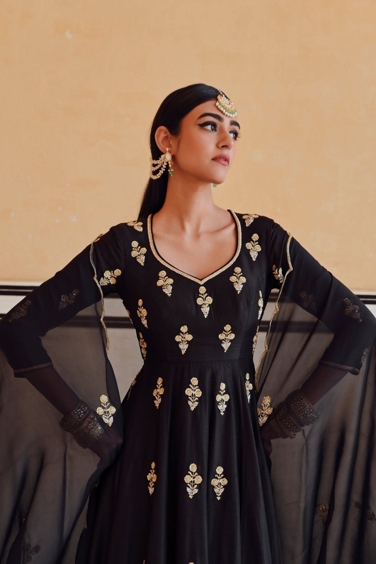 Black Embroidered Kali Anarkali Set