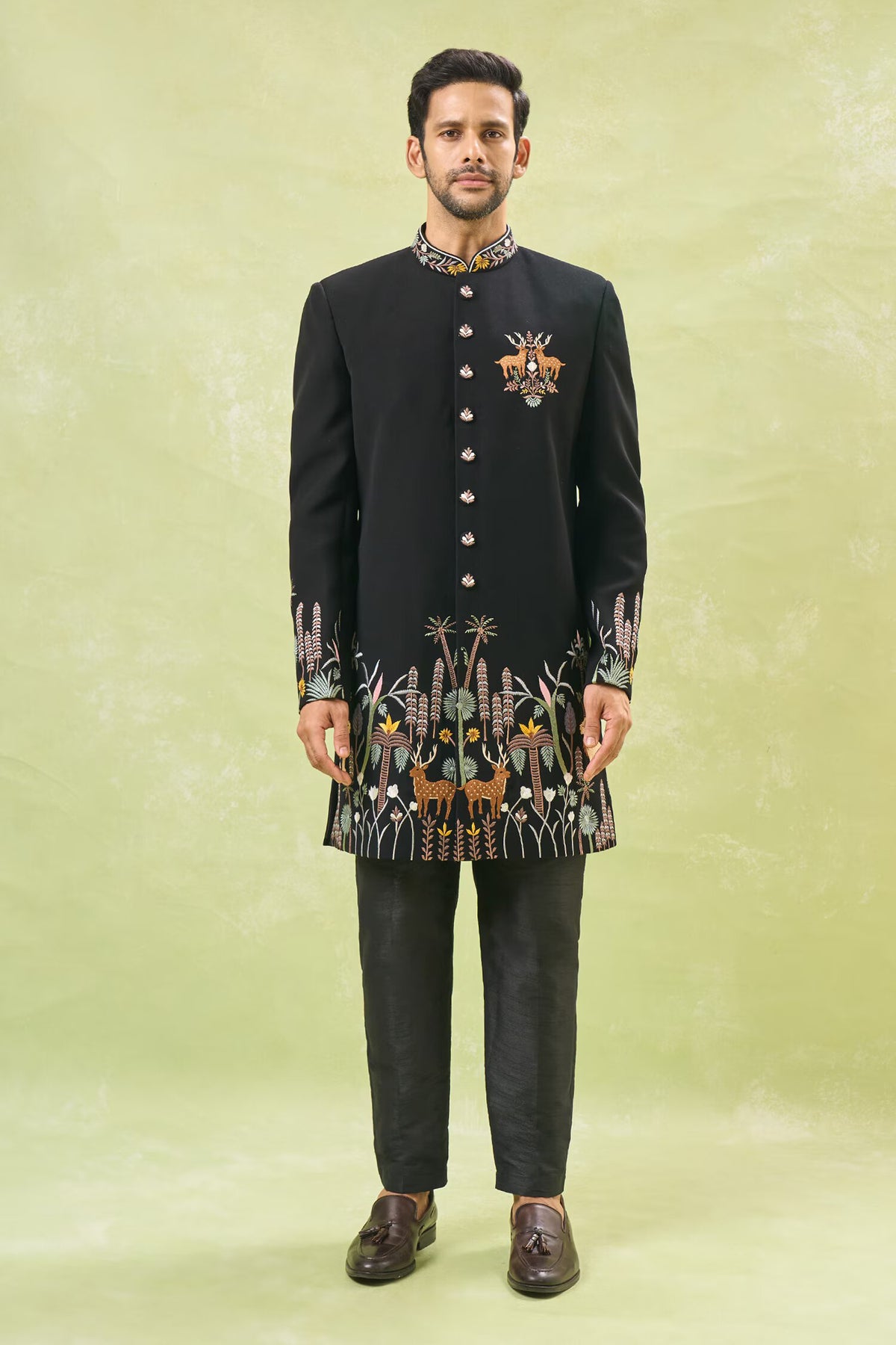 Black Wildlife Embroidered Achkan Set