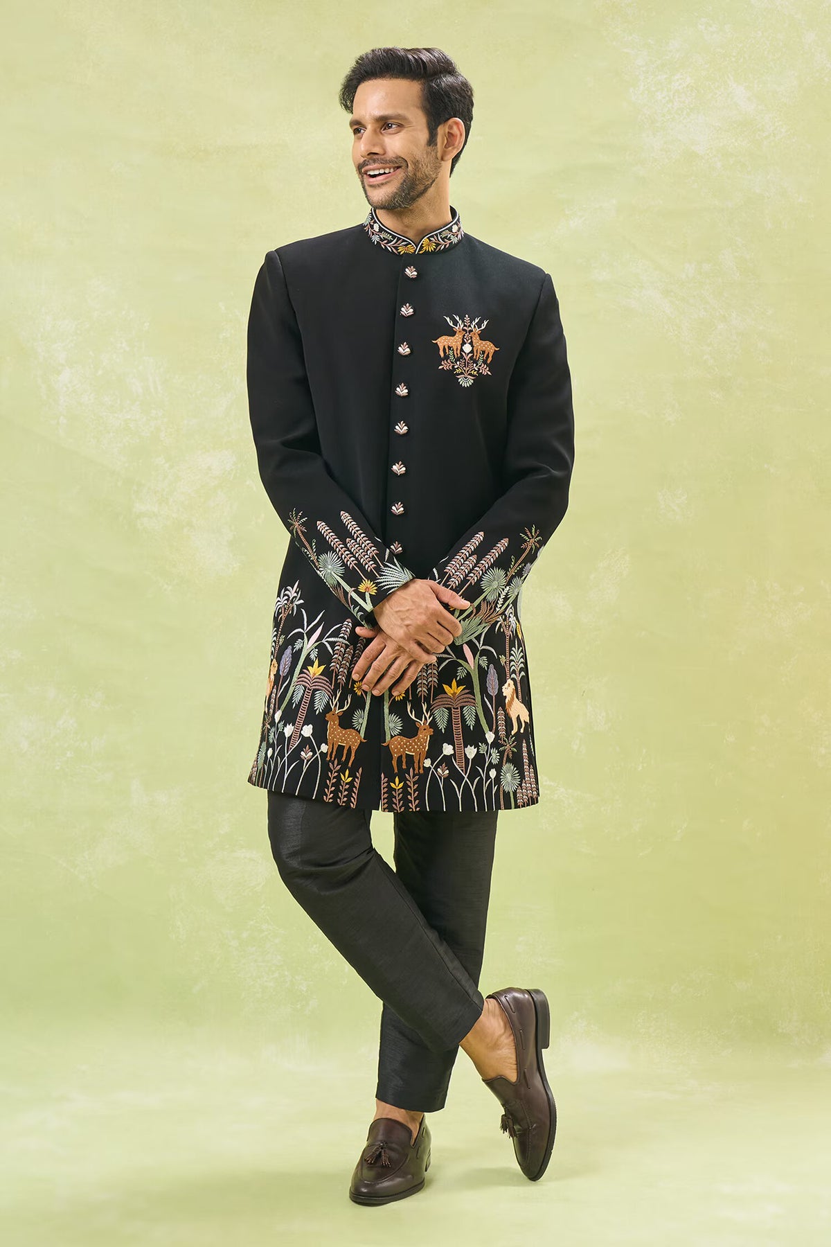 Black Wildlife Embroidered Achkan Set