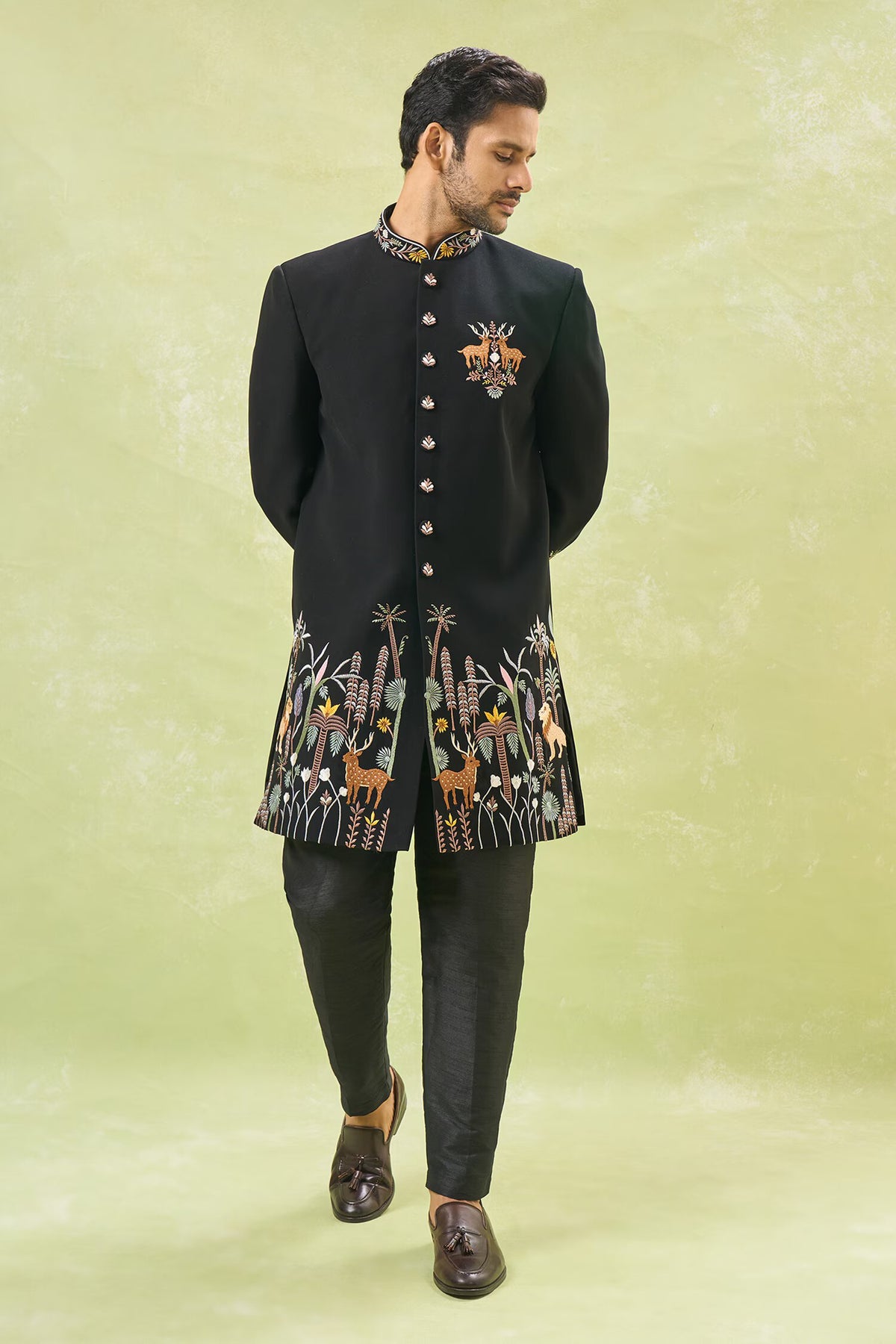 Black Wildlife Embroidered Achkan Set