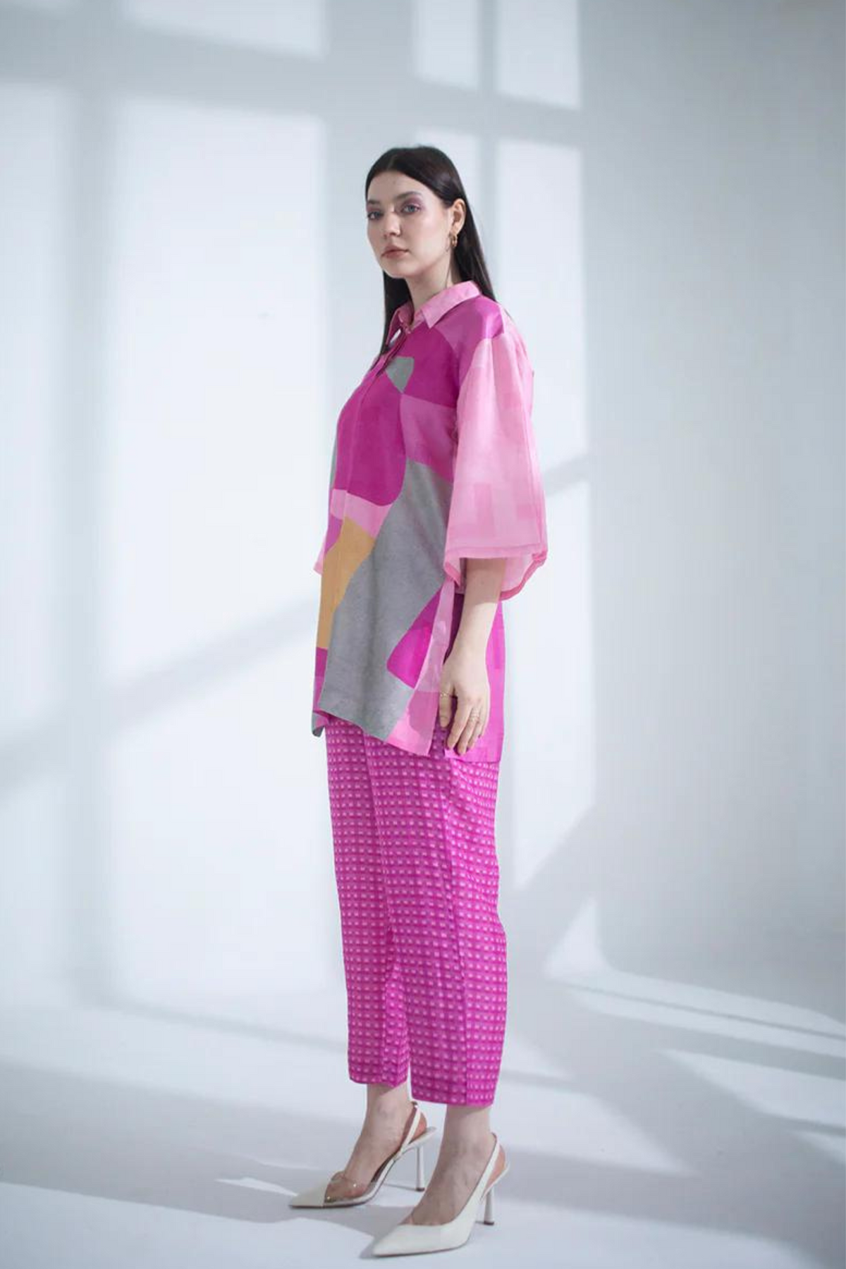 Fuchsia Abstract Geometric  Tunics Set