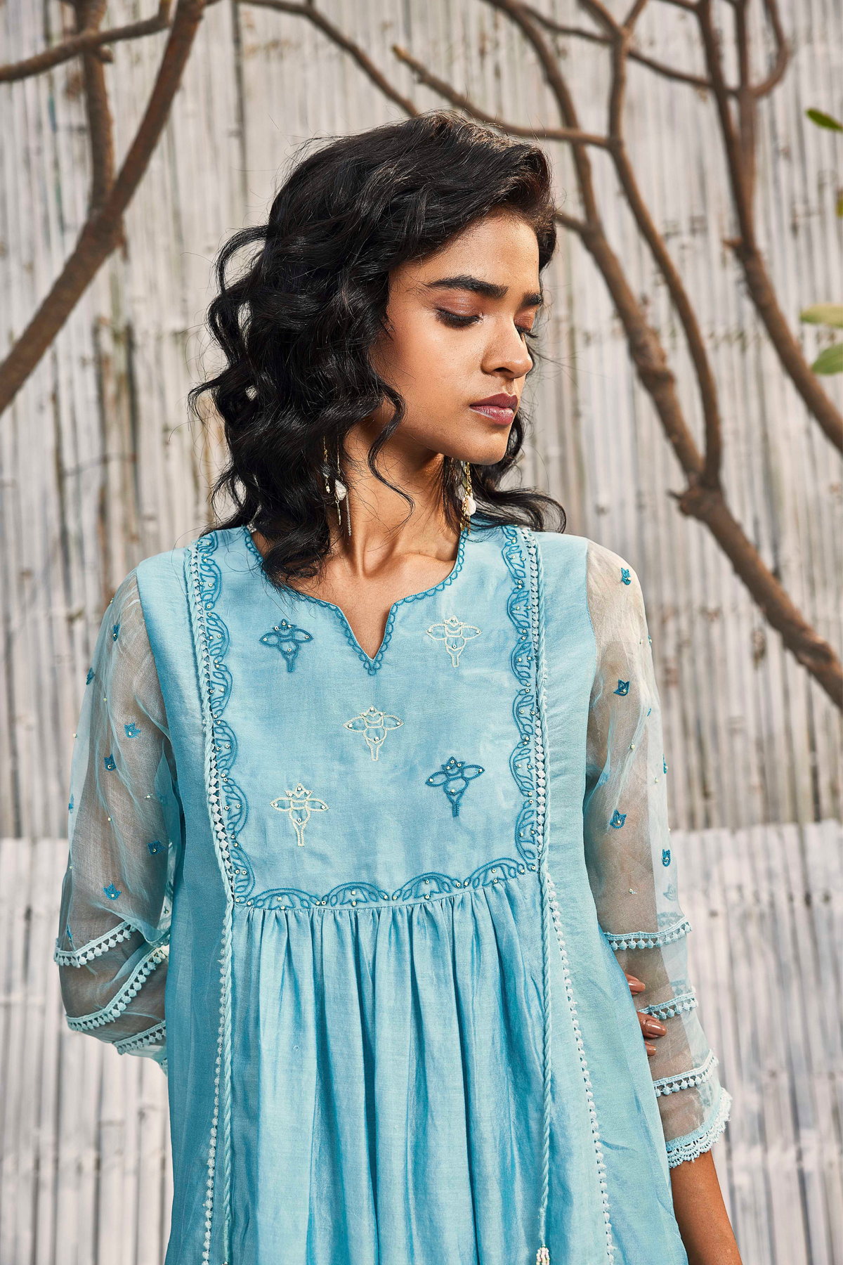 Blue Chanderi Gathered Kurta Set