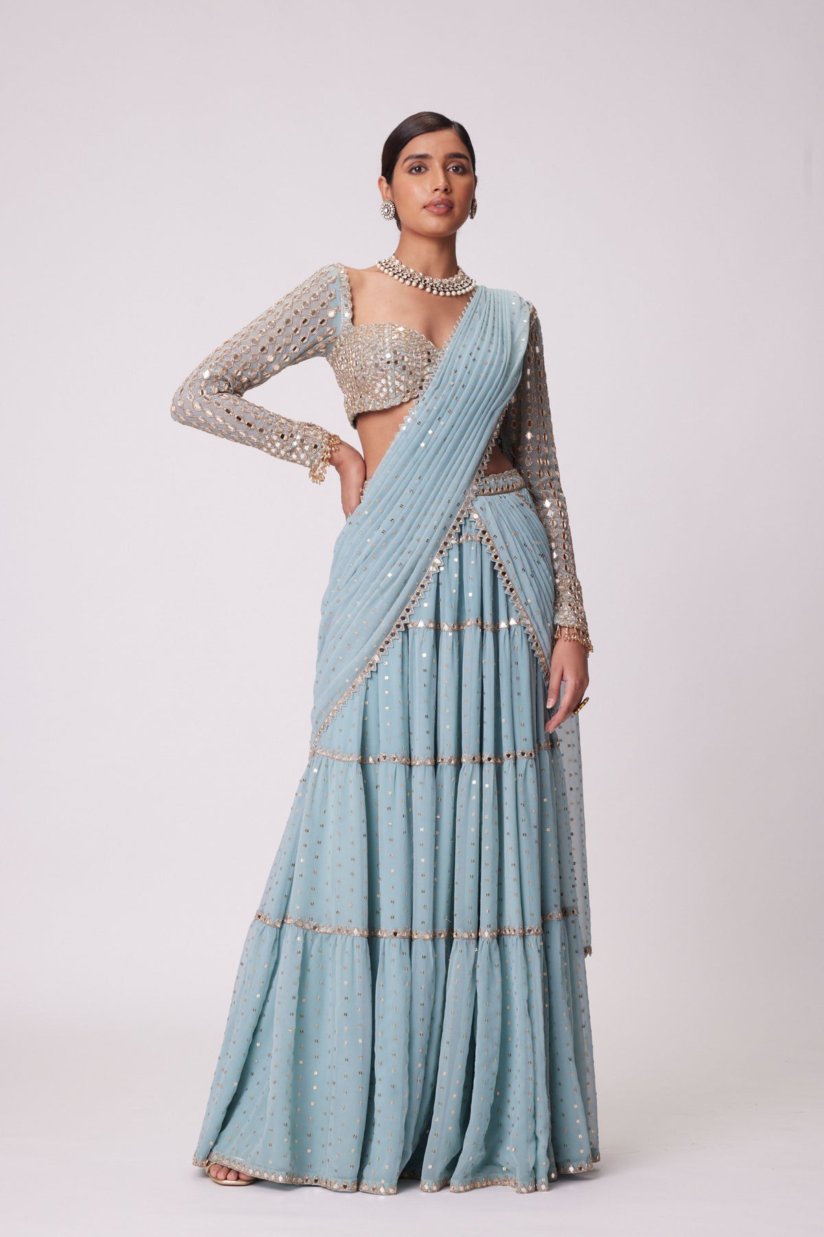 Powder Blue Multitier Saree Set