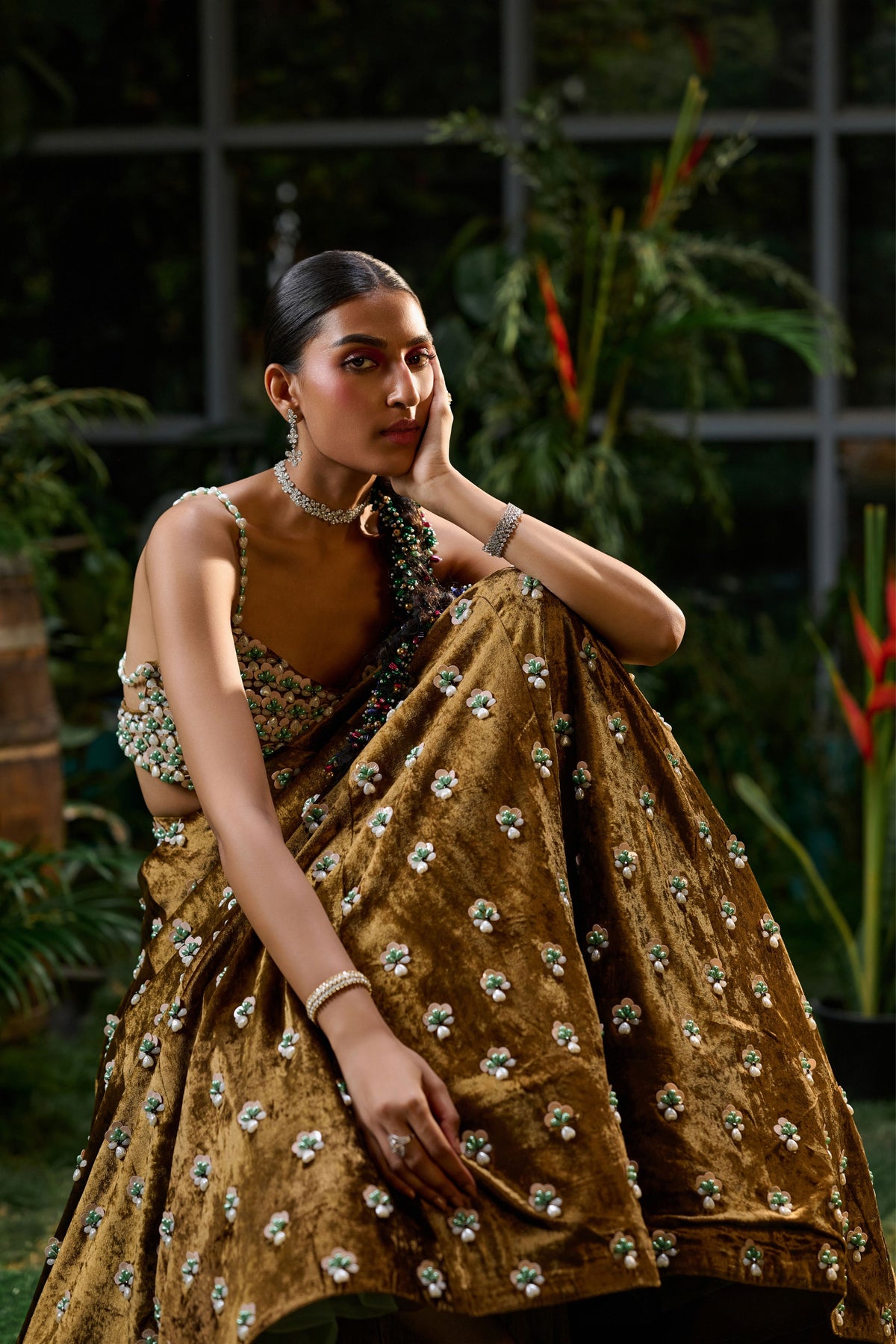 Brown Copper Embroidered Velvet Lehenga