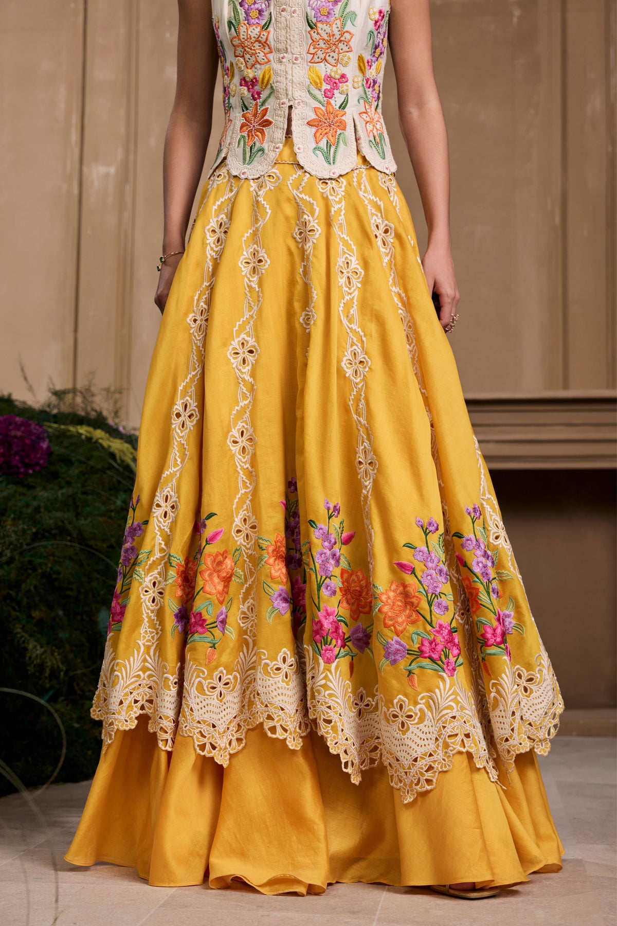 Yellow Floral Embroidered Layered Lehenga