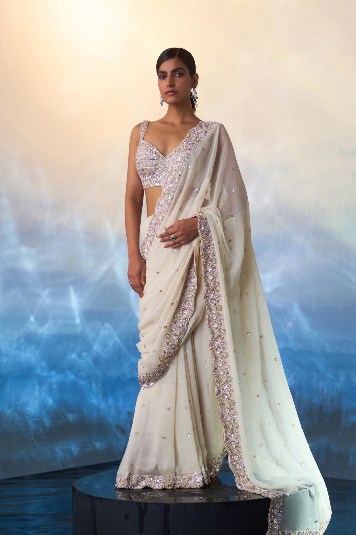 Ivory Georgette Saree Set