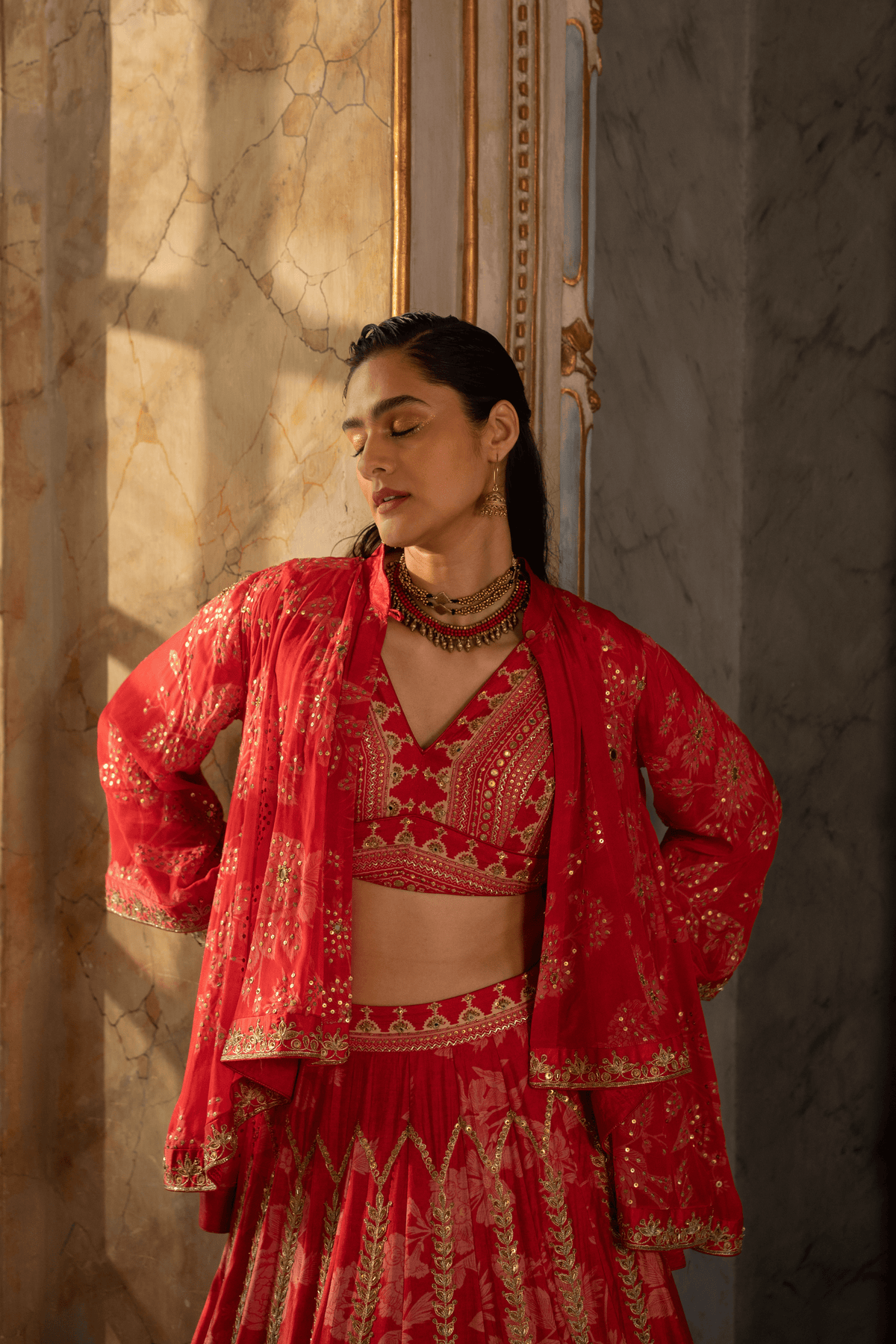 Red Mono Floral Lehenga Set