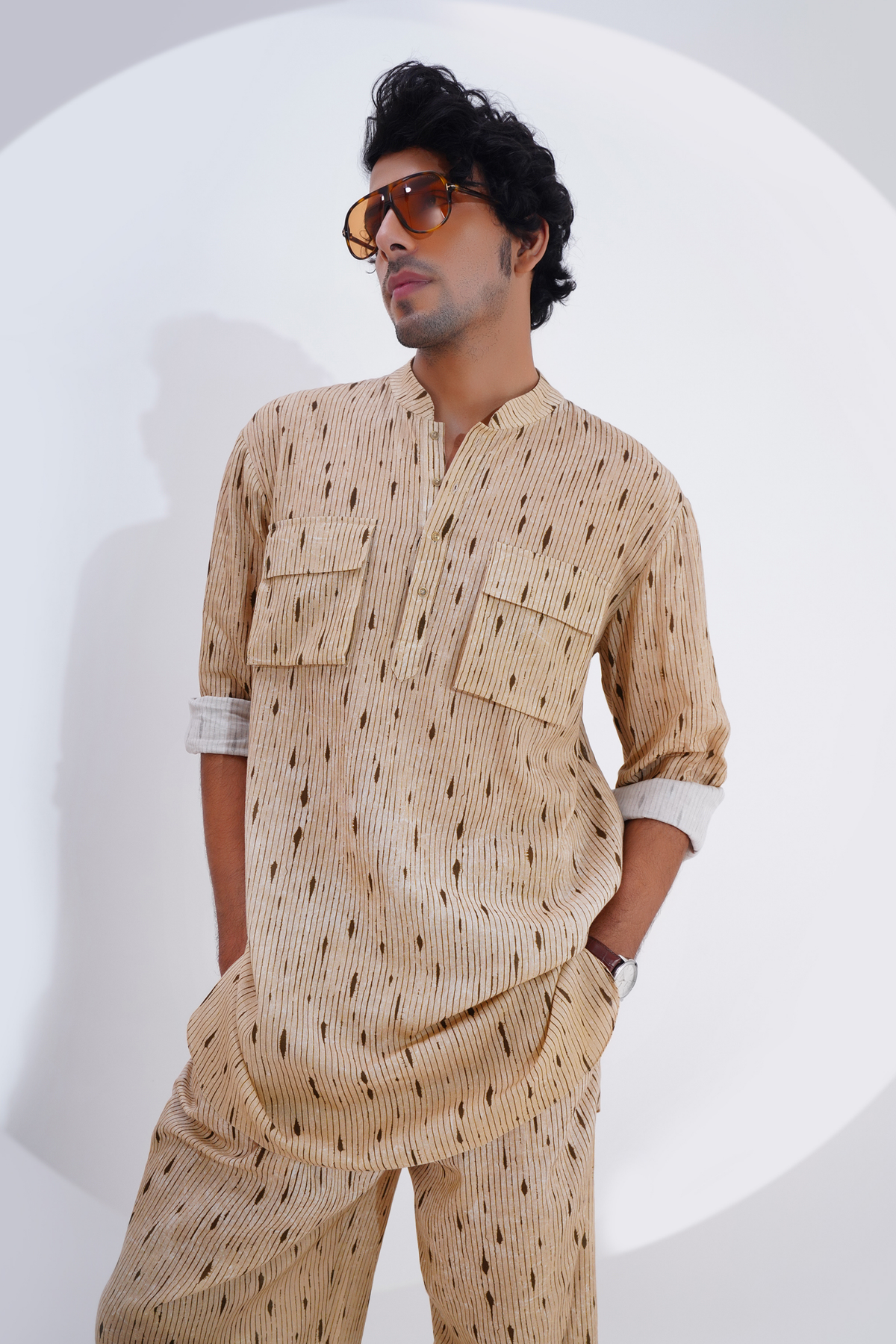 Beige Linen Printed Kurta Set