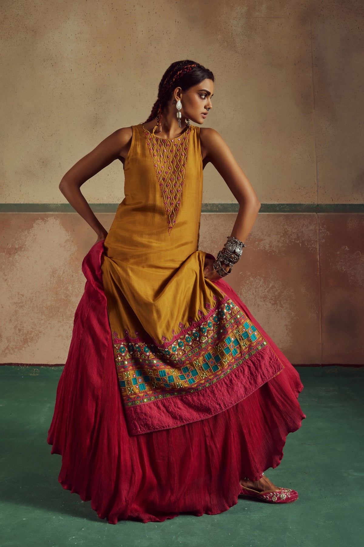 Mustard Kurta Set With Lehenga