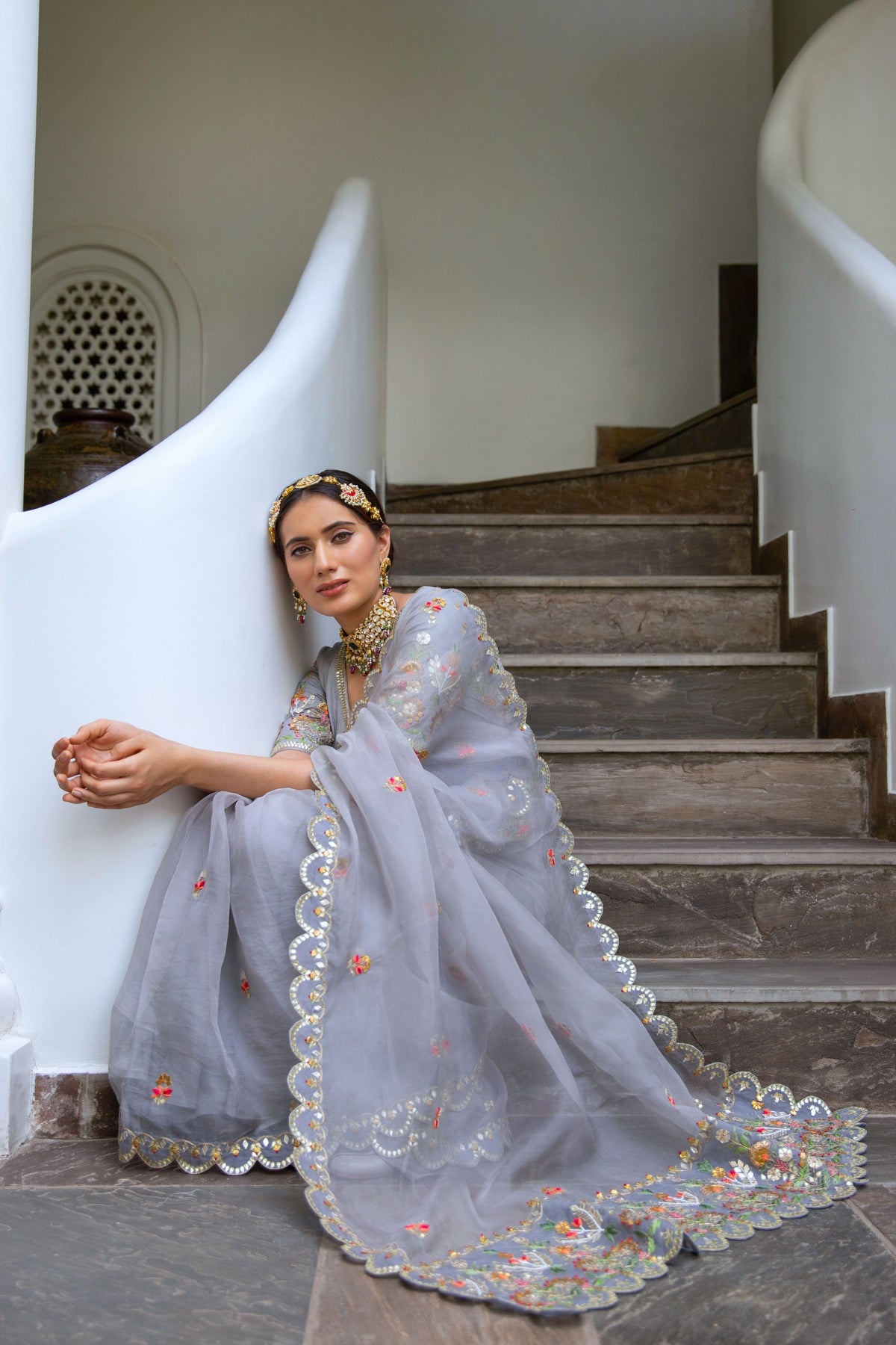 Grey Hand embroidered Saree Set